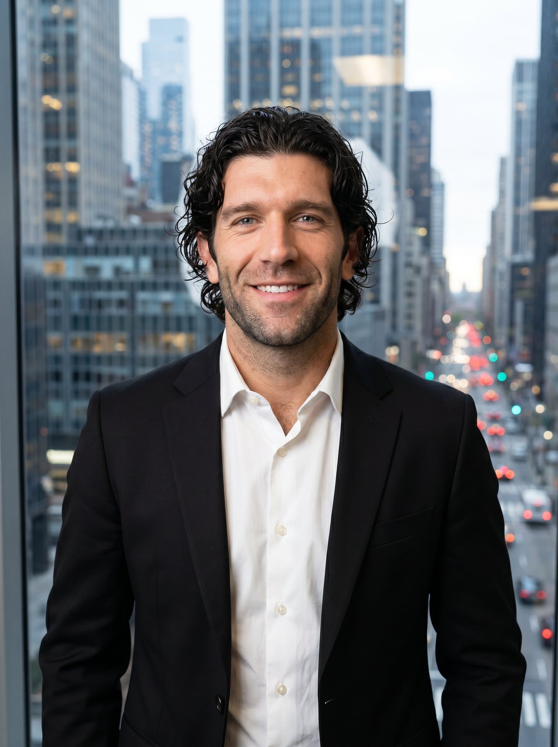 : Design a professional attorney headshot, featuring a man in a crisp white dress shirt and a sleek black blazer, standing before a cityscape window, conveying ambition and a modern approach to law.