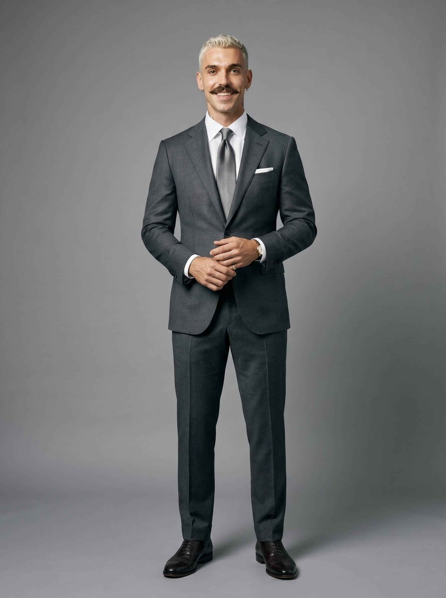 : Create a photorealistic image of an attorney with a modern minimalist look, wearing a tailored charcoal suit, set against a simple grey background, showcasing both professionalism and warmth through a gentle expression.