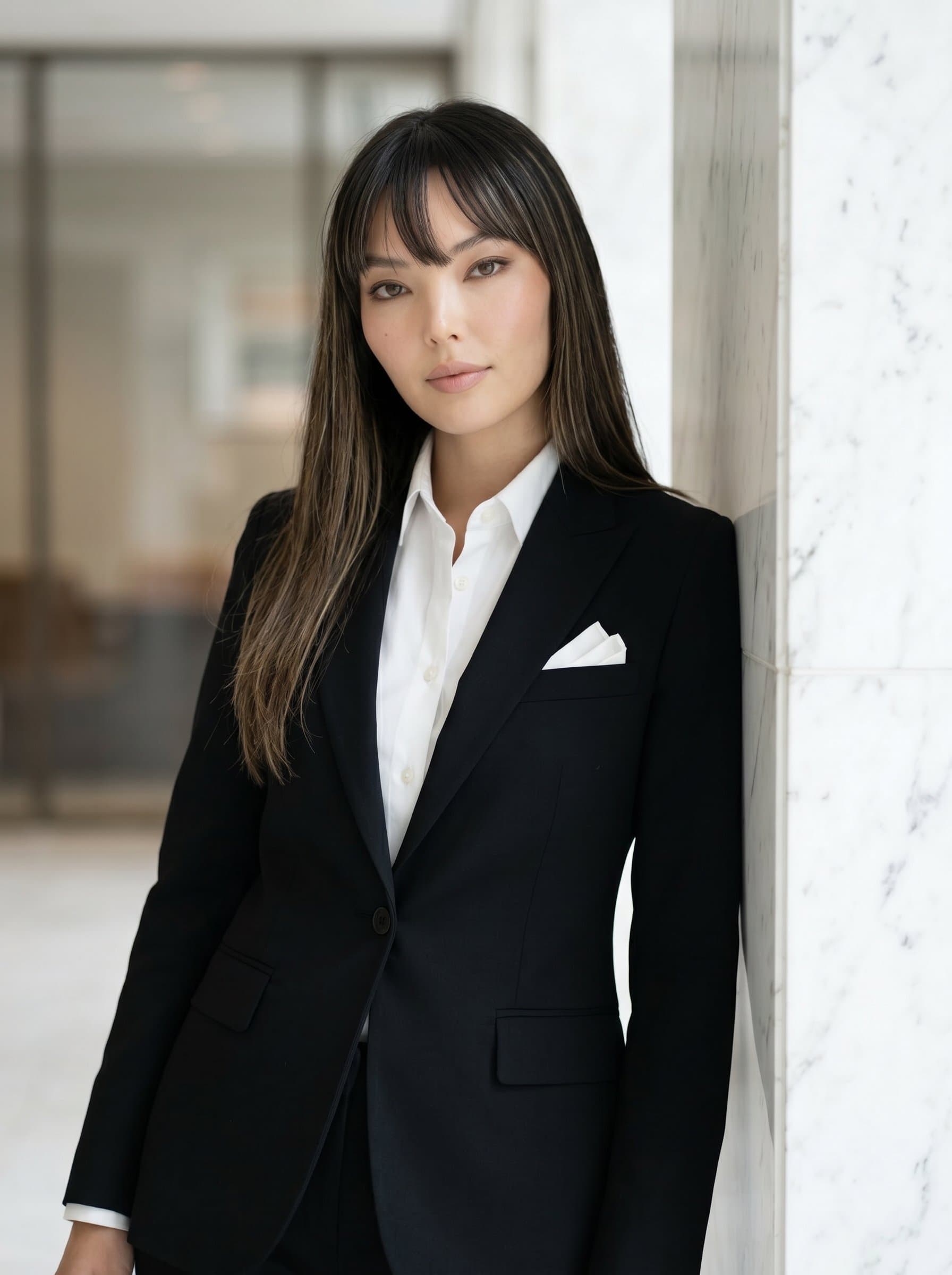 : Capture an AI headshot of an attorney in a sharp black suit with a white pocket square, leaning against a marble column, highlighting leadership and competence, with a gentle yet assertive expression.