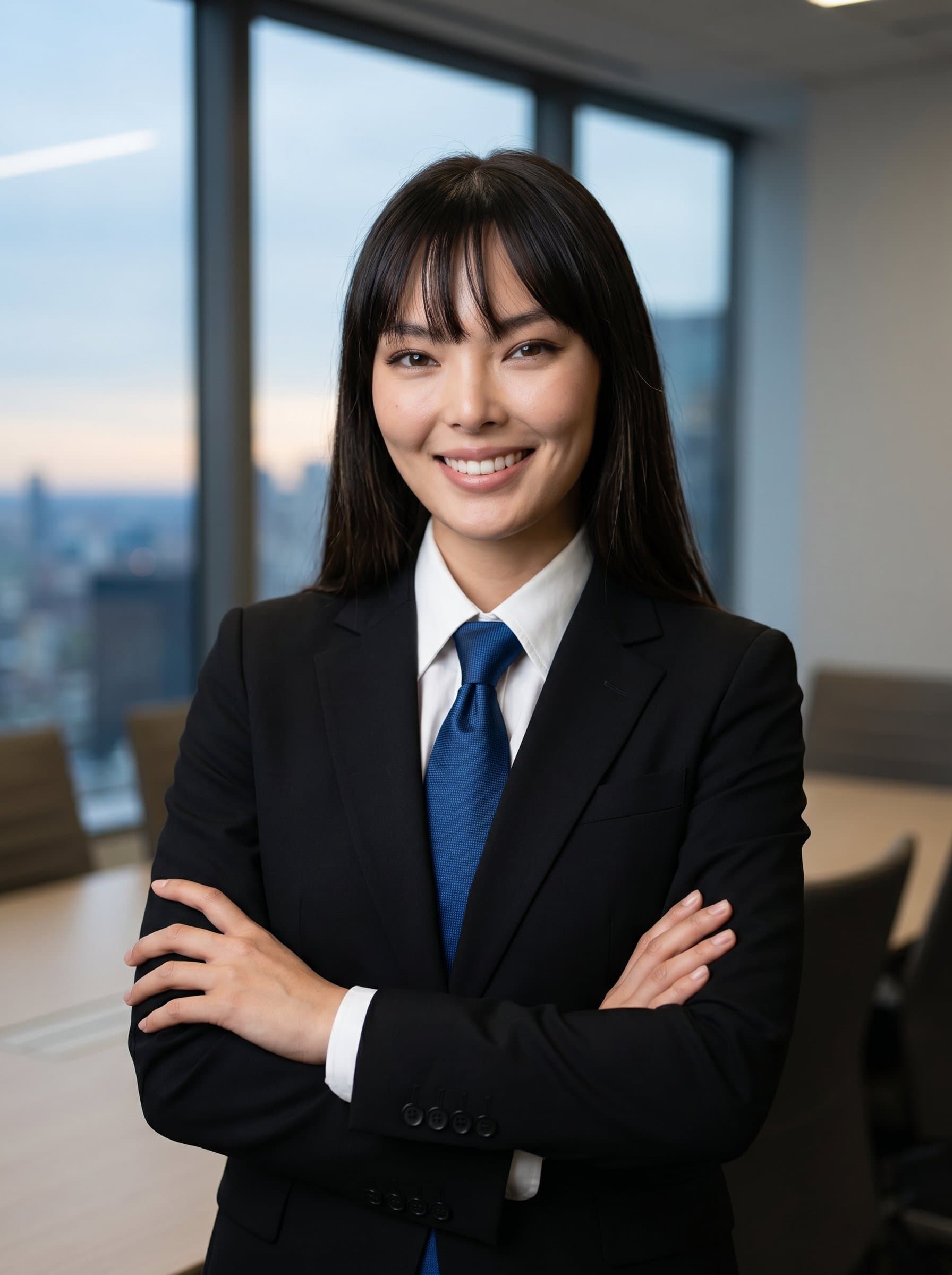 : Capture an AI headshot of an attorney in a crisp black suit with a blue tie, positioned in front of a conference room window, suggesting authority and confidence with a pleasant and approachable smile.