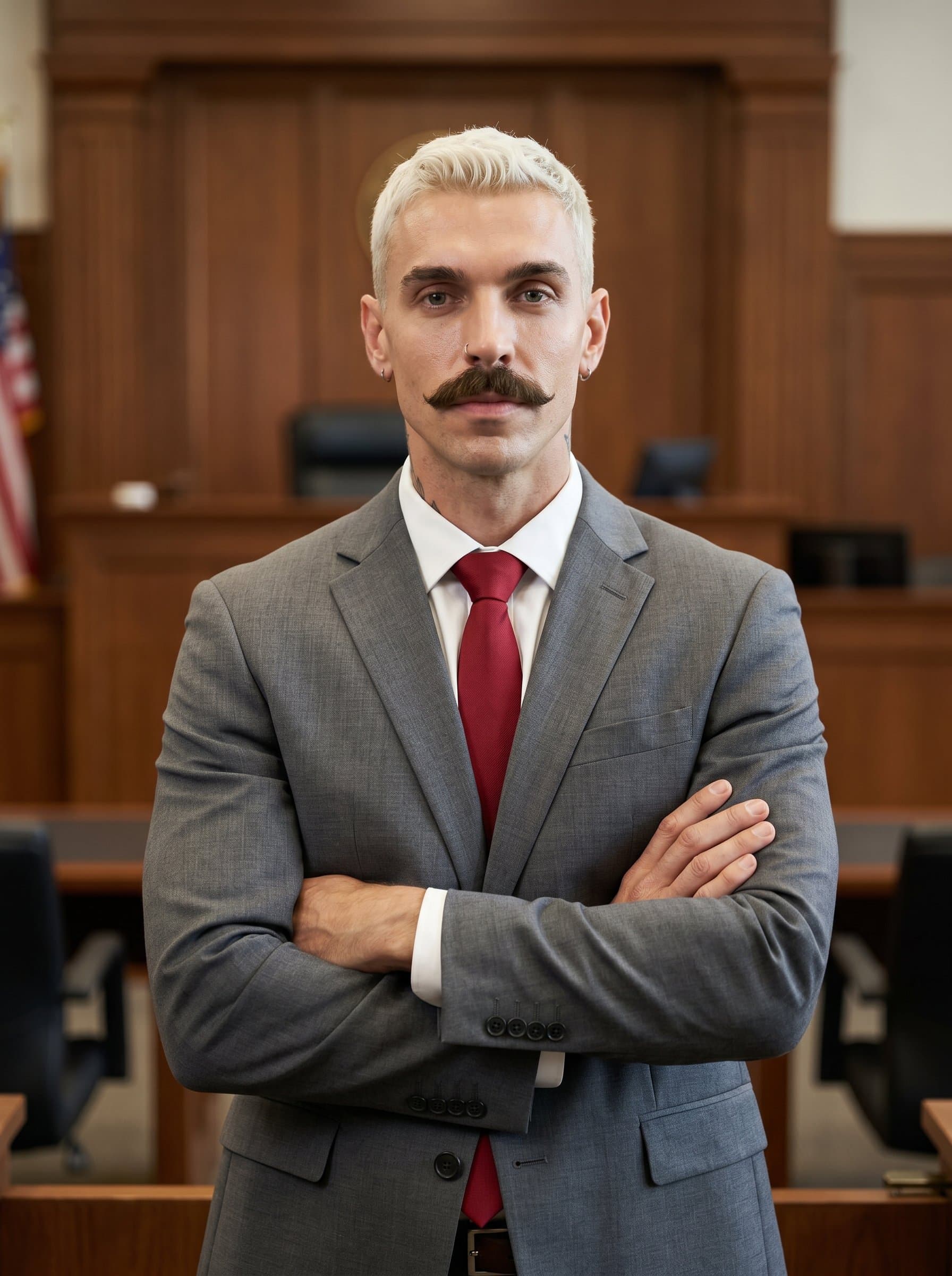 : Produce a professional headshot of an attorney wearing a classic gray suit with a red tie, standing in a courtroom setting, radiating confidence and authority while maintaining an approachable and sincere demeanor.
