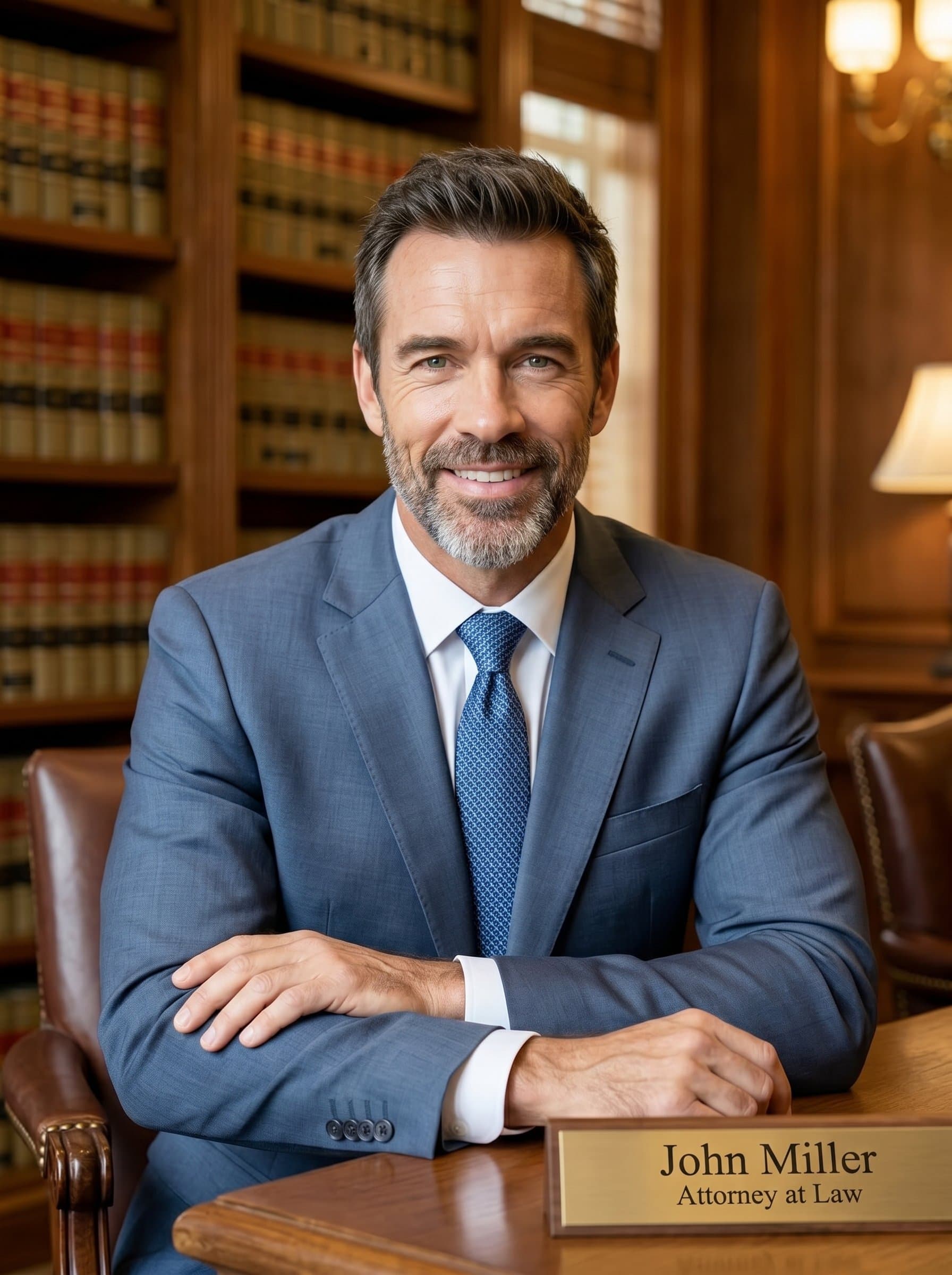 : Create a realistic attorney headshot, featuring an man in a slate-blue business suit, sitting calmly in a law library, exuding wisdom and reassurance, with a soft, amiable smile for approachability.