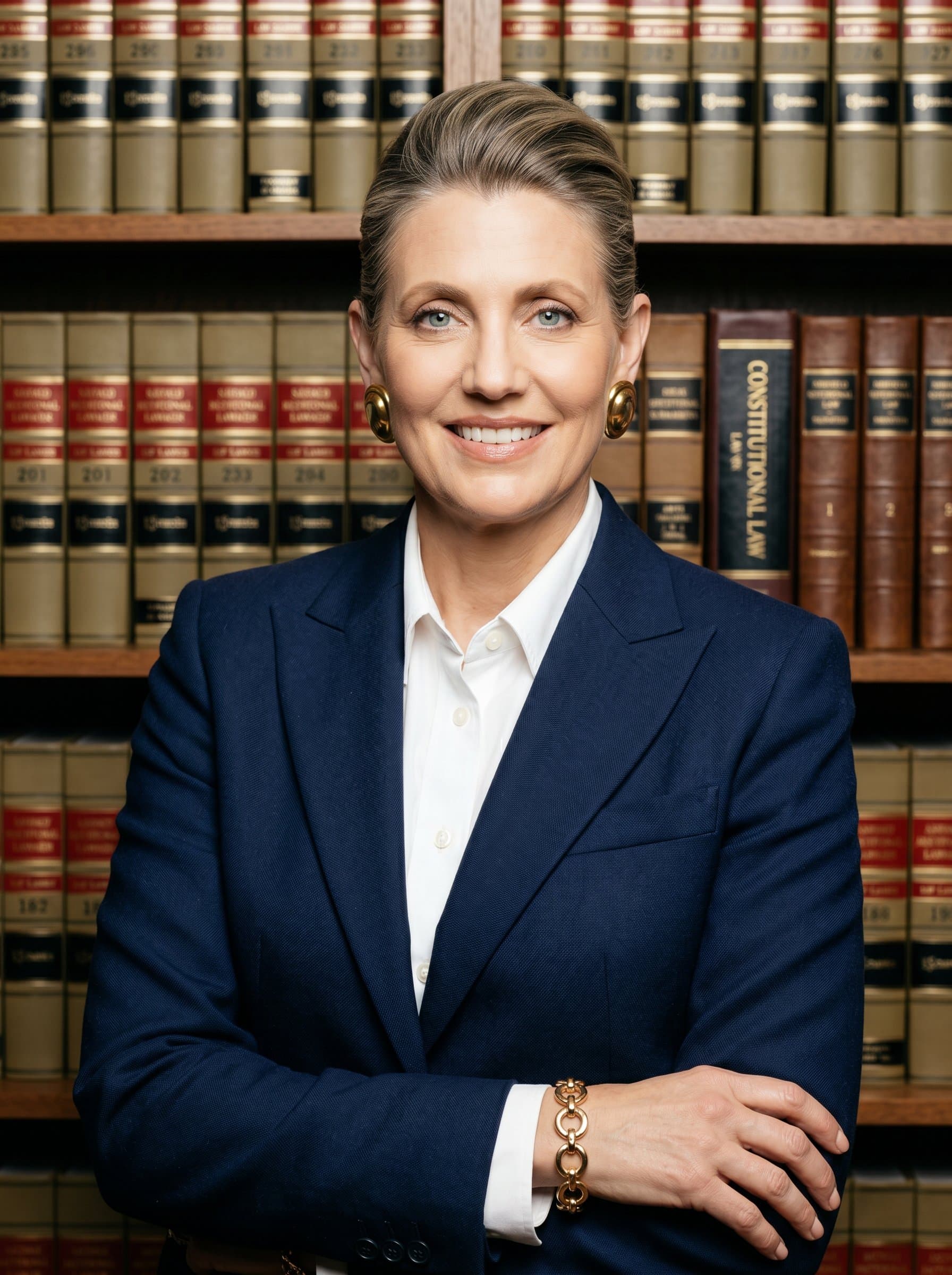 : Capture a professional AI headshot of an attorney in a classic navy suit, standing confidently in front of a bookshelf filled with legal books, exuding intelligence and authority, with a slight approachable smile.