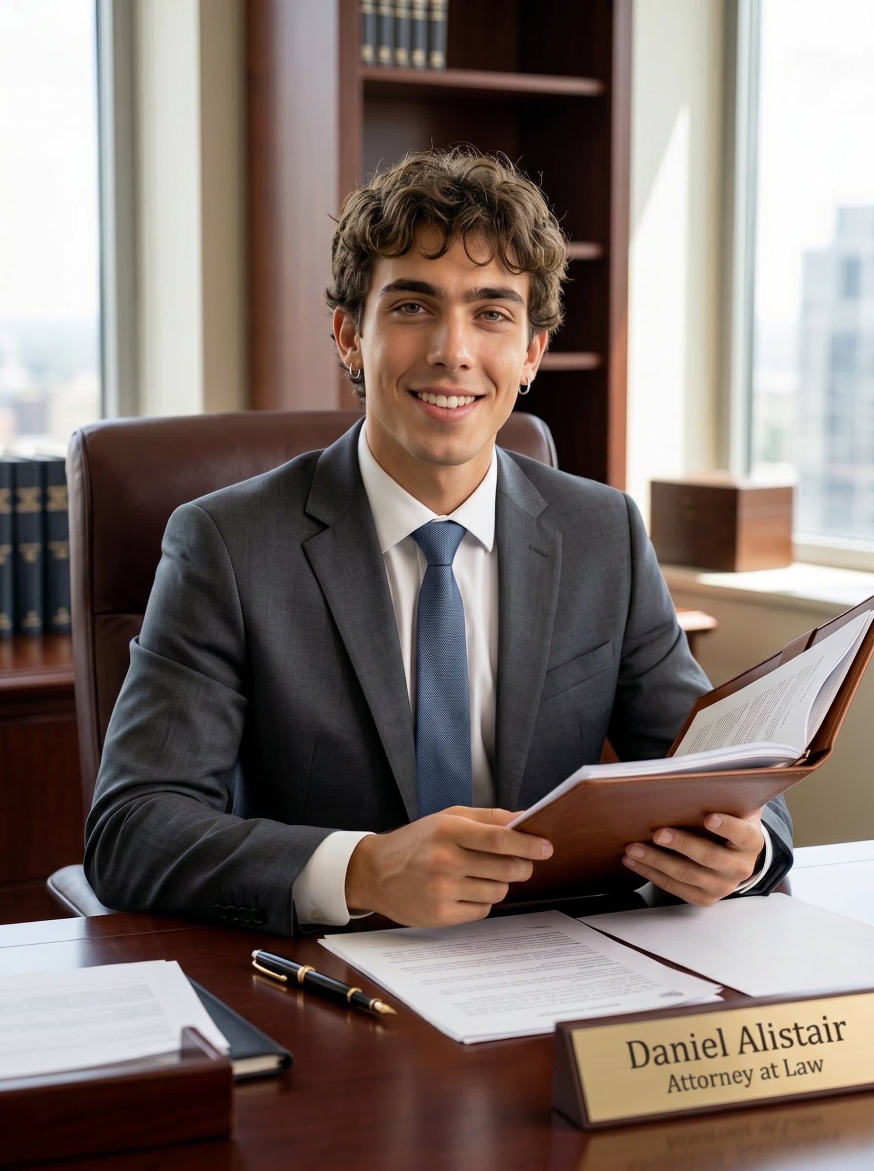 : Create a professional image of an attorney in a charcoal-gray suit, sitting at an elegant desk with a leather-bound portfolio, showcasing diligence and professionalism, with a warm and inviting expression.