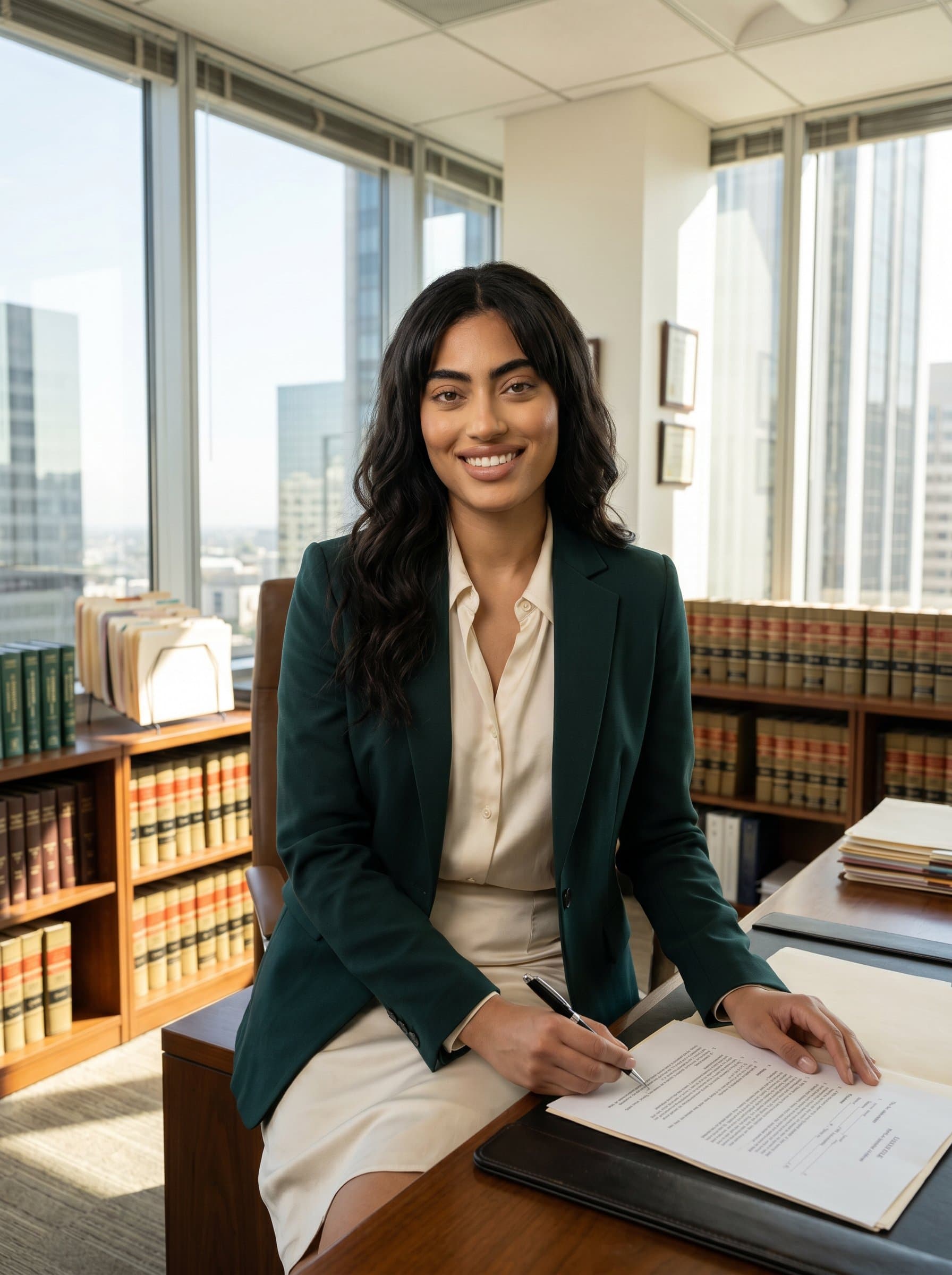 : Illustrate a photorealistic image of an attorney in a formal dark-green ensemble, positioned in a sunlit room with large windows, embodying trustworthiness and intellectual curiosity with a composed and friendly expression.