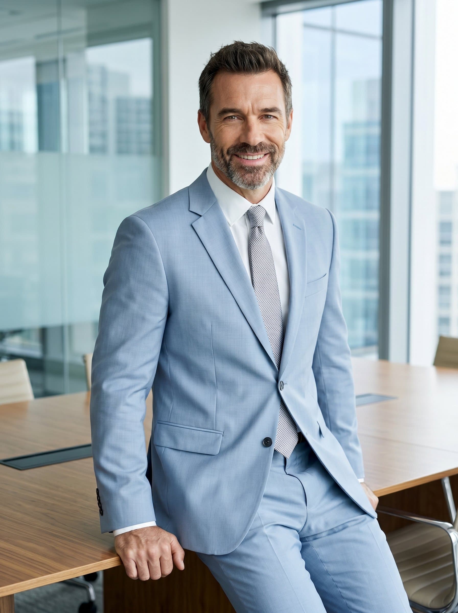 : Design an attorney's headshot, featuring a man in a pale-blue suit, leaning casually against a sleek wooden table, highlighting modern confidence and relaxed professionalism with a genuine, warm smile.