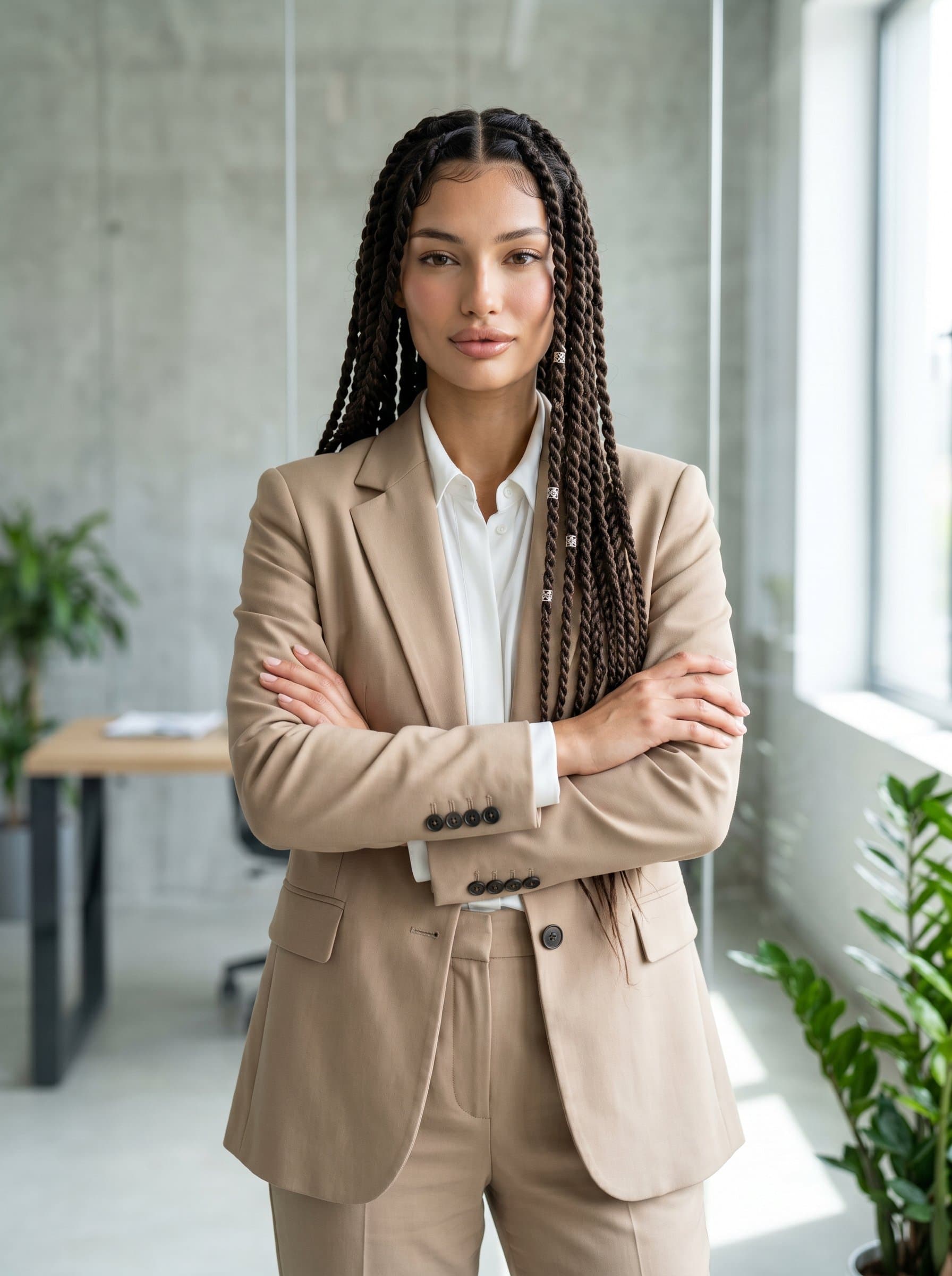 : Generate a professional image of an attorney in a tailored beige suit, standing with arms crossed in a minimalist office space, reflecting confidence and modernity, with a genuine and engaging expression.