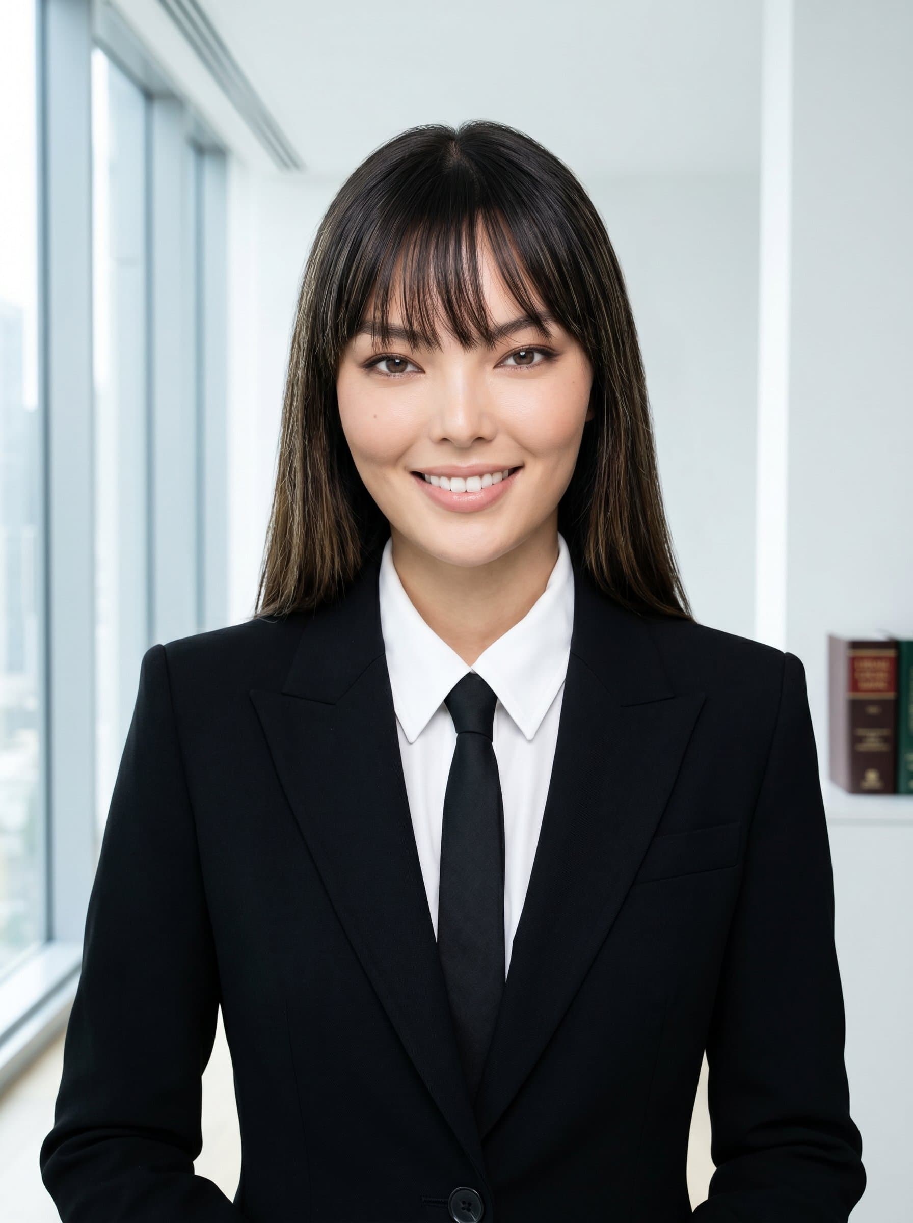: Illustrate a headshot of an attorney in a contemporary black and white ensemble, set against a bright, minimalist office background, conveying both clarity and authority, with a welcoming expression.