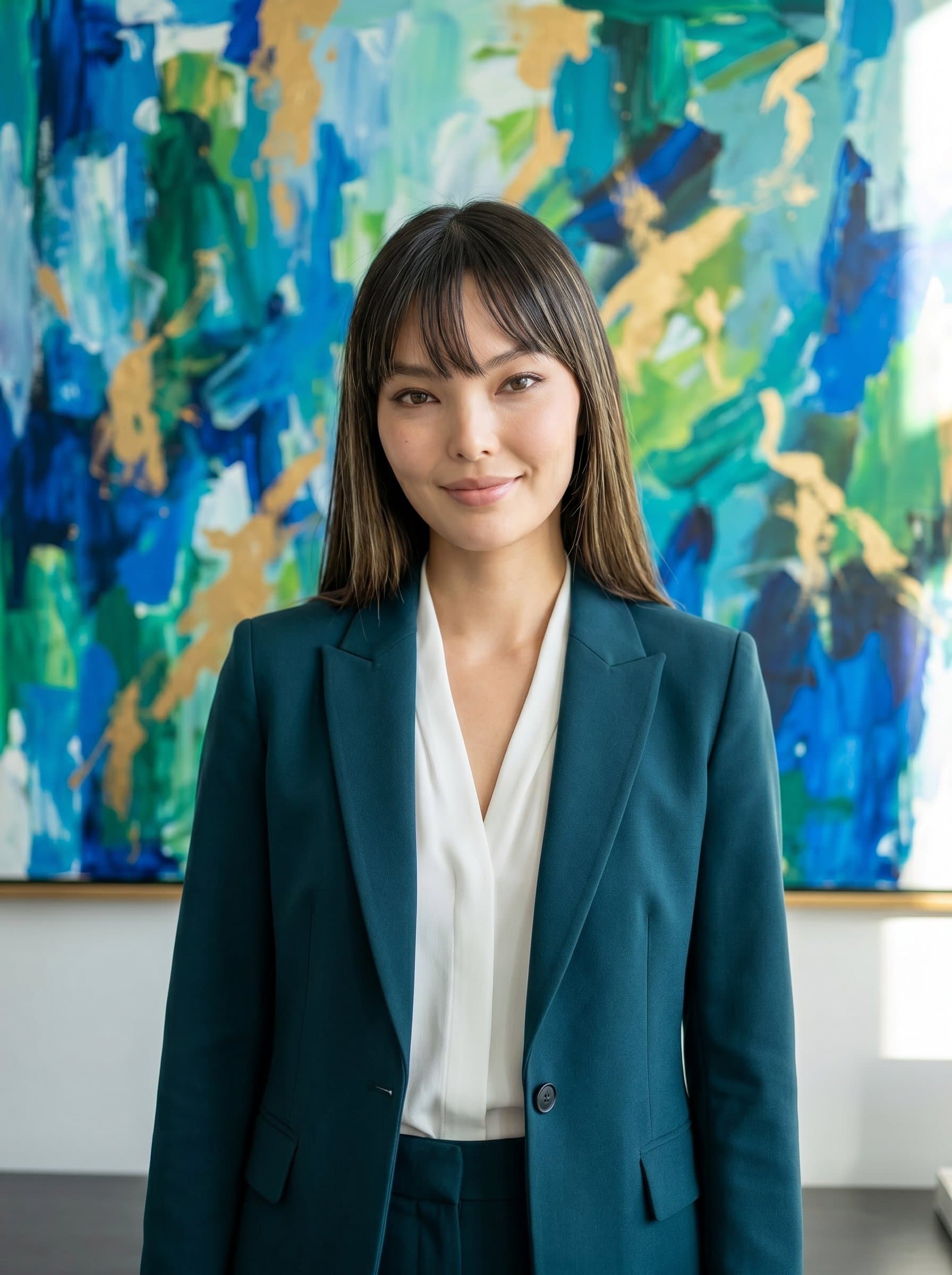 : Illustrate a photorealistic headshot of an attorney in a dark teal suit, standing before an abstract piece of art, merging creativity with professionalism, characterized by a thoughtful and open expression.