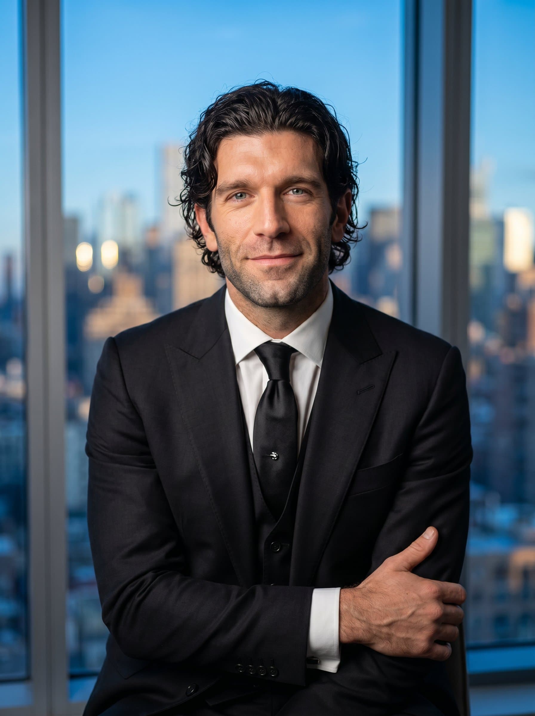 : Create a photorealistic headshot of an attorney in a sleek black suit, seated in front of a soft-focus cityscape, embodying both power and empathy, with a confident and open expression.