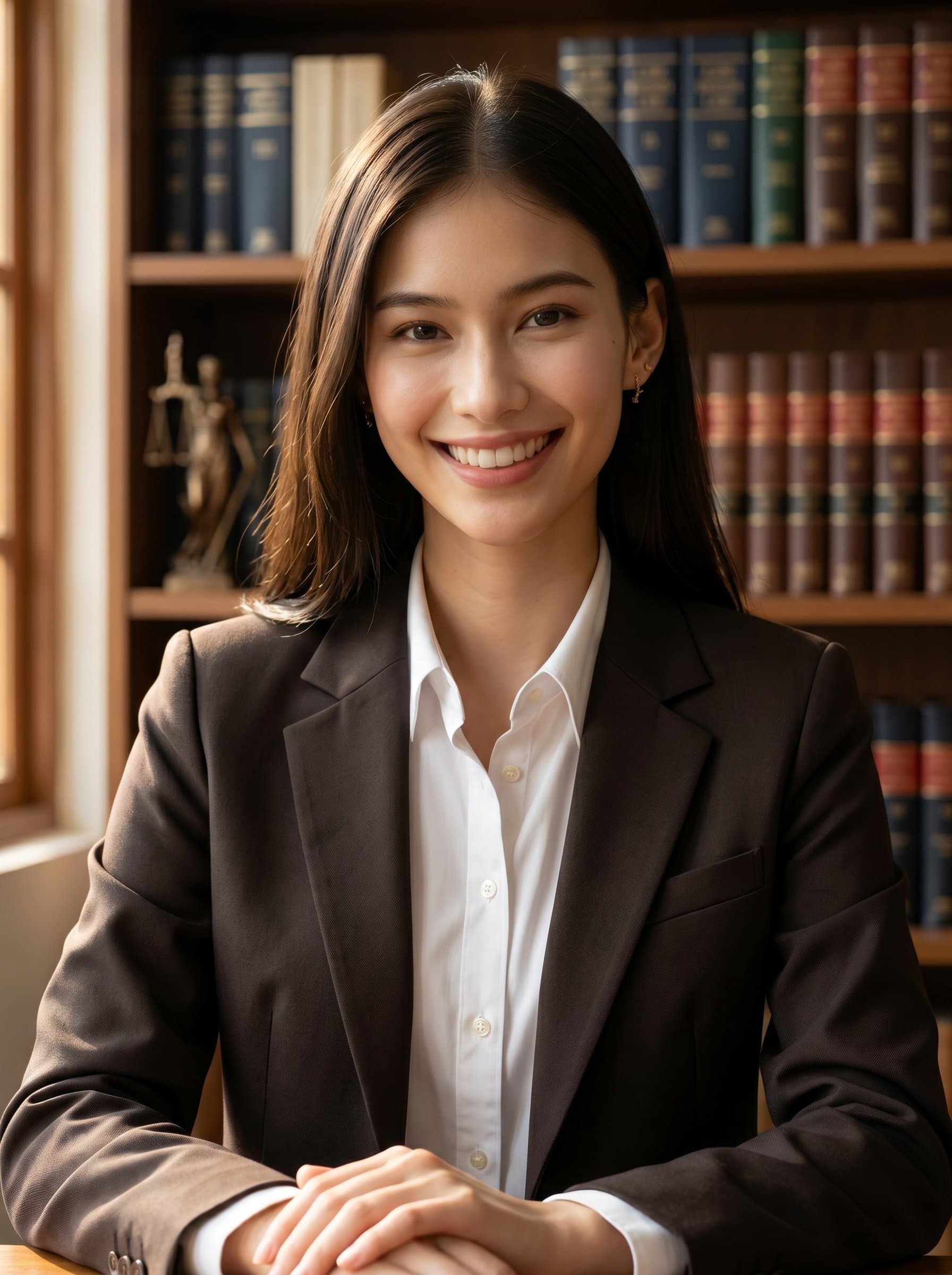 : Generate a photorealistic headshot of an attorney in a classic dark-brown suit, set against a bookshelf backdrop, portraying intelligence and depth, complemented by a confident and friendly demeanor.
