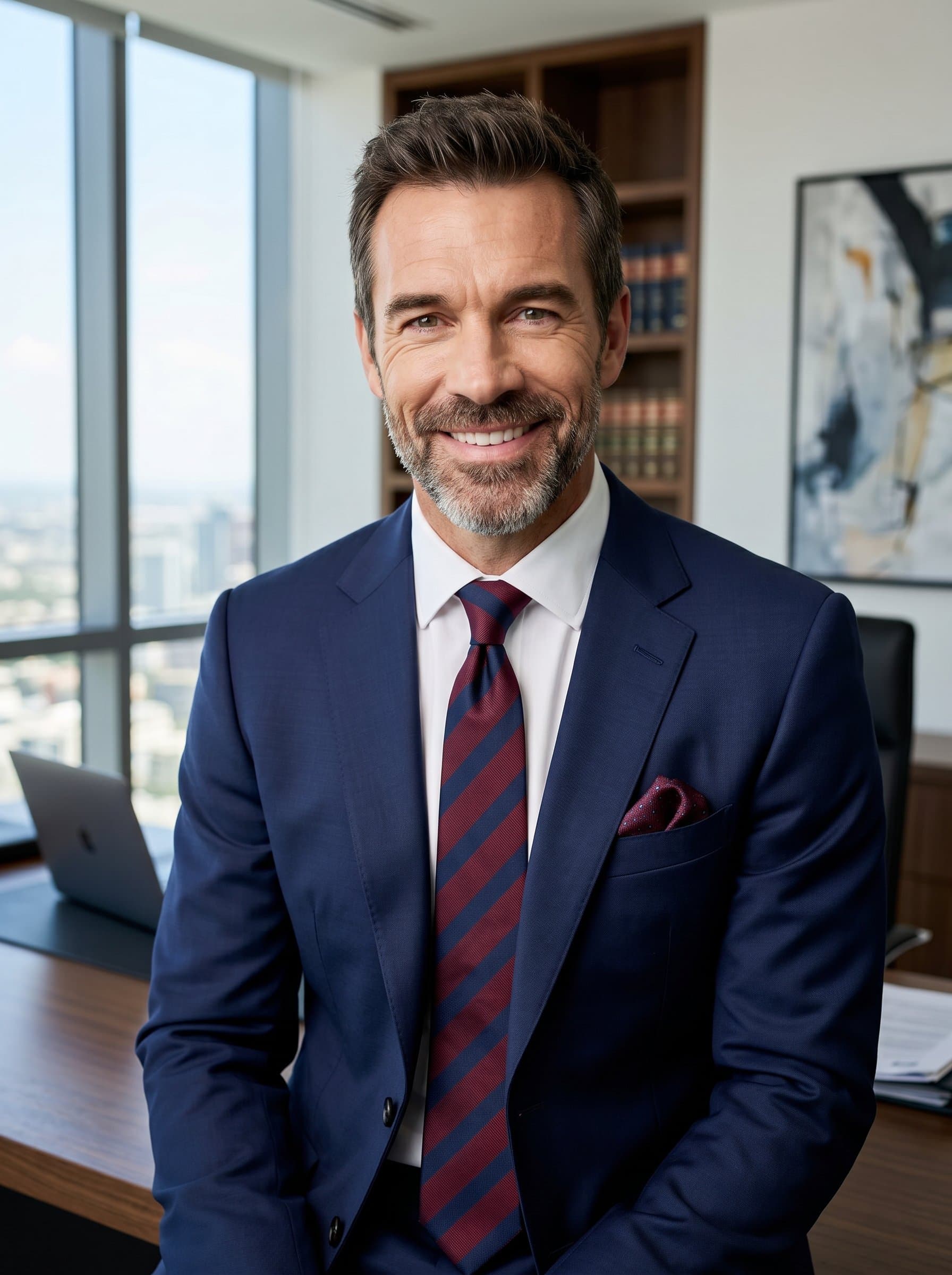 : Produce a headshot of an attorney in a navy and burgundy ensemble, in a modern office, conveying both tradition and innovation, with a poised and amicable demeanor.