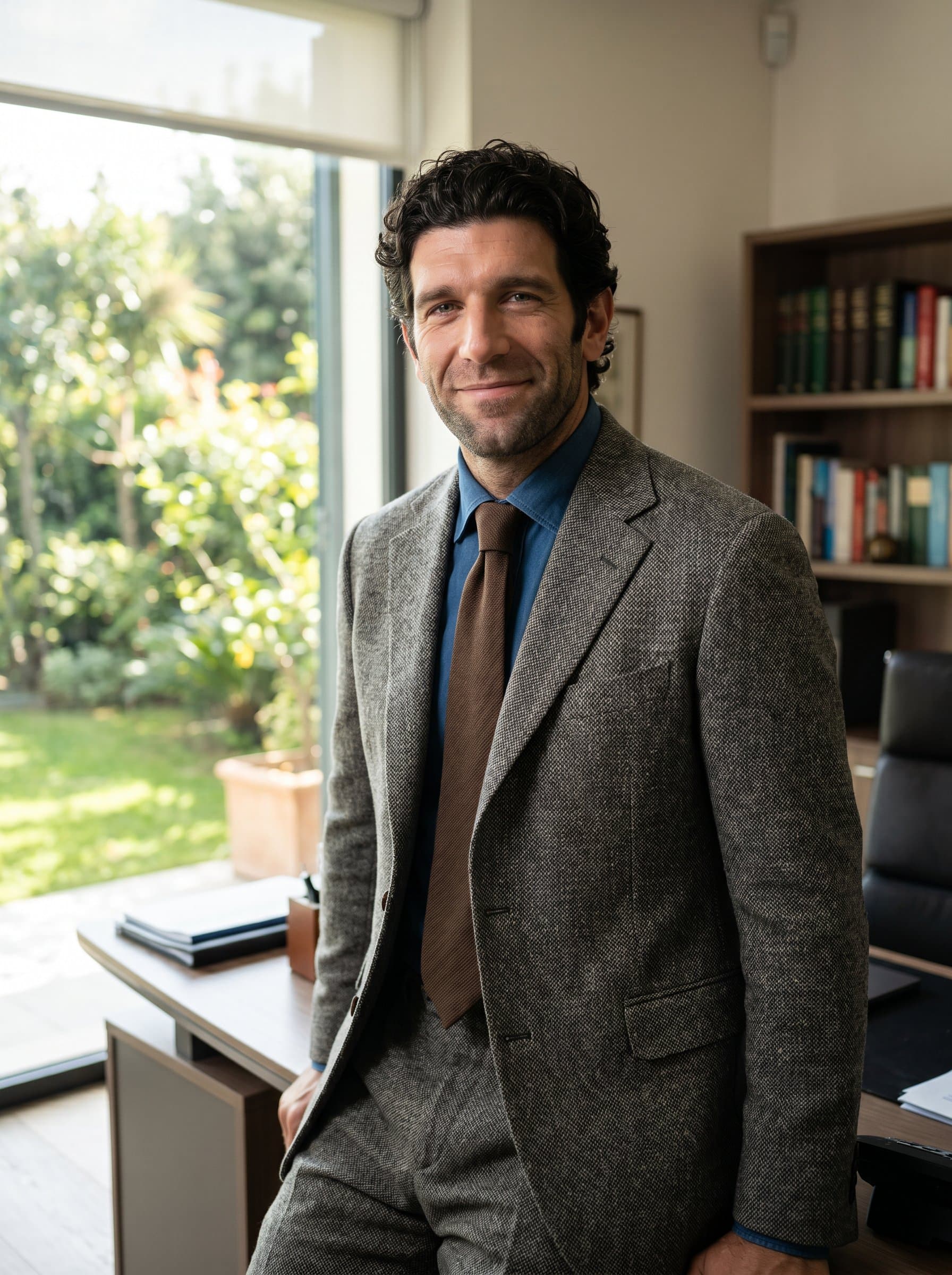 : Produce a professional image of an attorney wearing a vintage-inspired gray tweed suit, standing next to a large window overlooking a garden, exuding character and wisdom, with an amiable, reassuring expression.