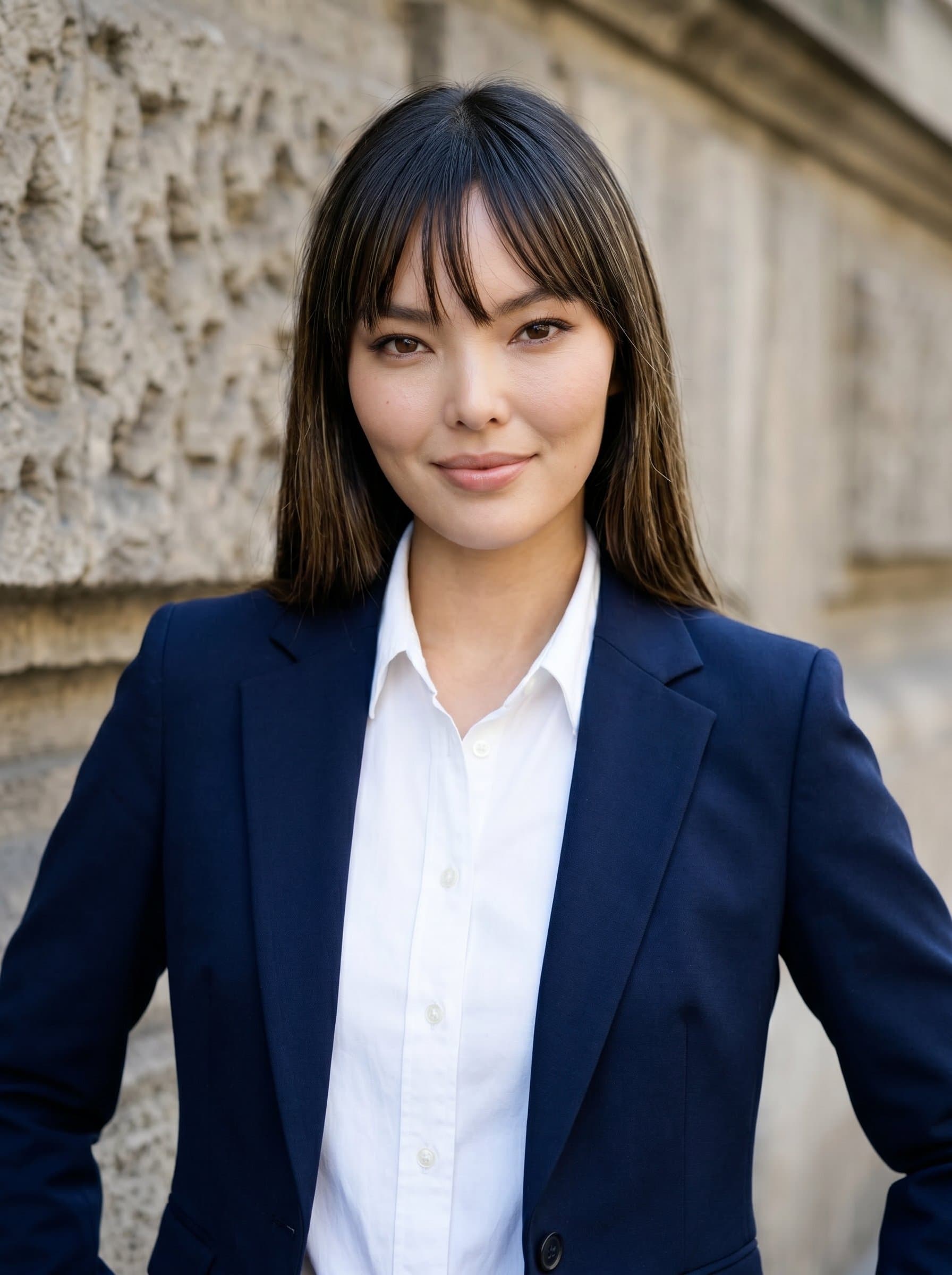 : Capture an AI headshot of an attorney in a structured navy blazer with a white shirt, against a textured stone wall, radiating determination and professionalism, with a poised and approachable smile.