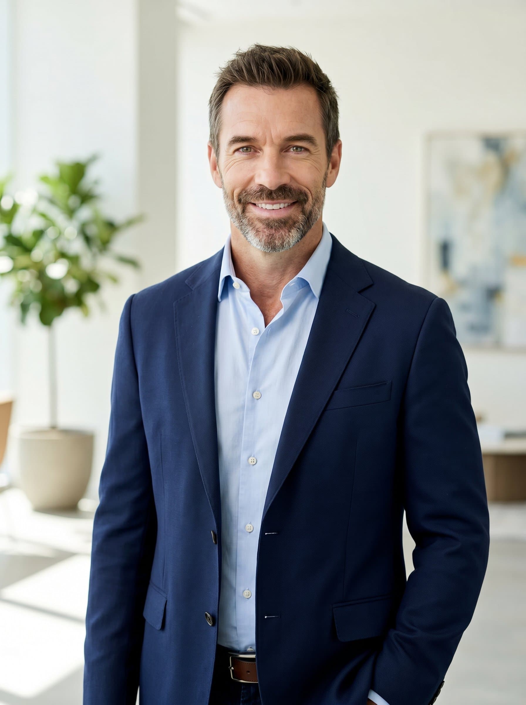 Professional in smart casual attire, standing with one hand in pocket, looking directly at the camera. The neutral setting enhances their approachable and reliable image for property listings.