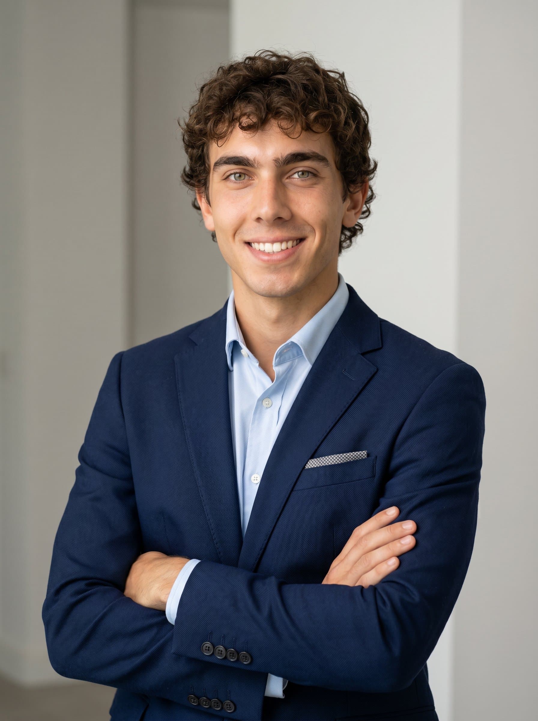 A smiling wearing a stylish blazer, with arms casually crossed. The backdrop is neutral, emphasizing a friendly and professional demeanor ideal for real estate branding.