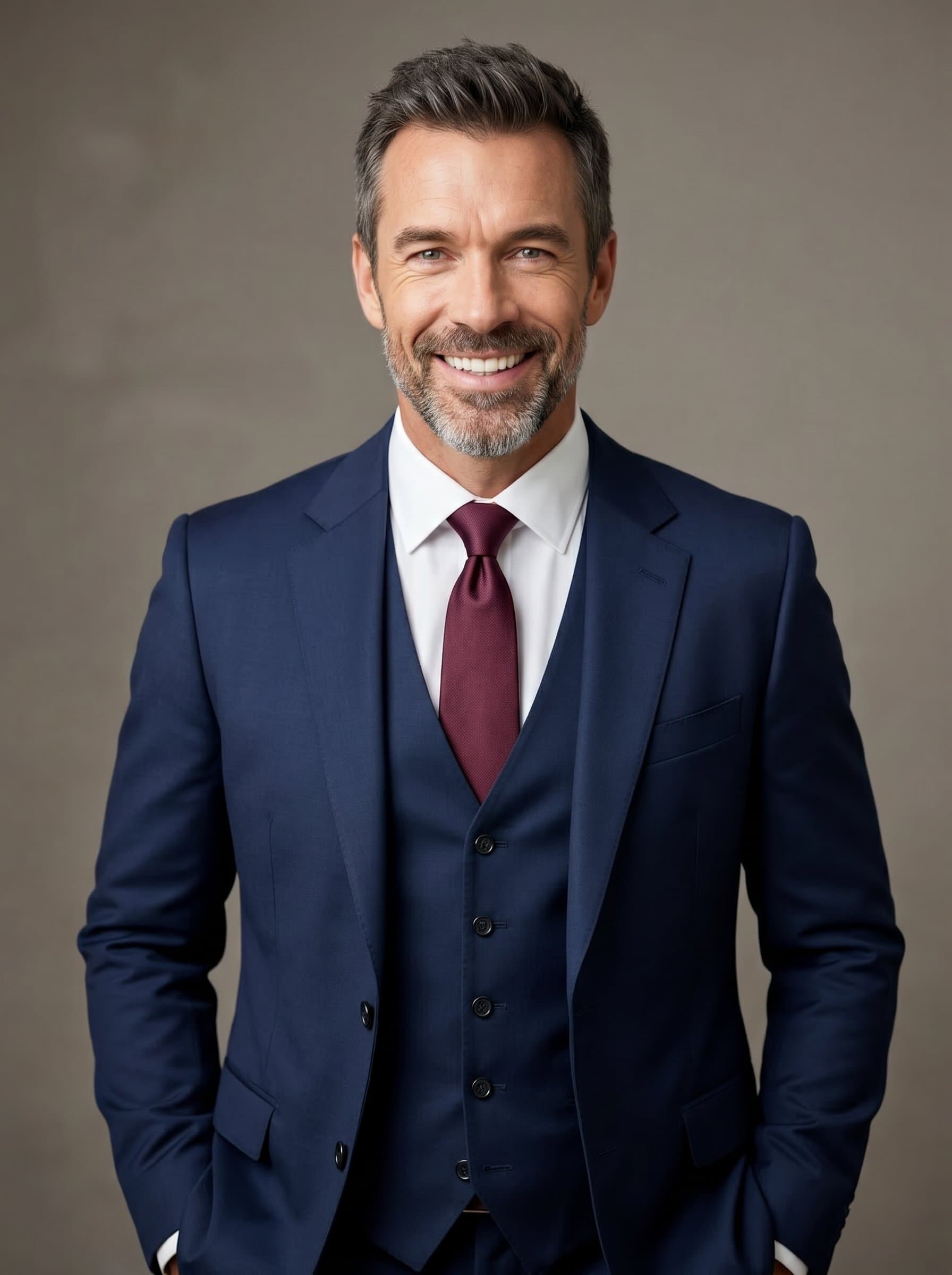 A dynamic gazing confidently into the camera, dressed in a tailored outfit. The neutral background ensures focus on their enthusiastic and competent character, ideal for business cards.