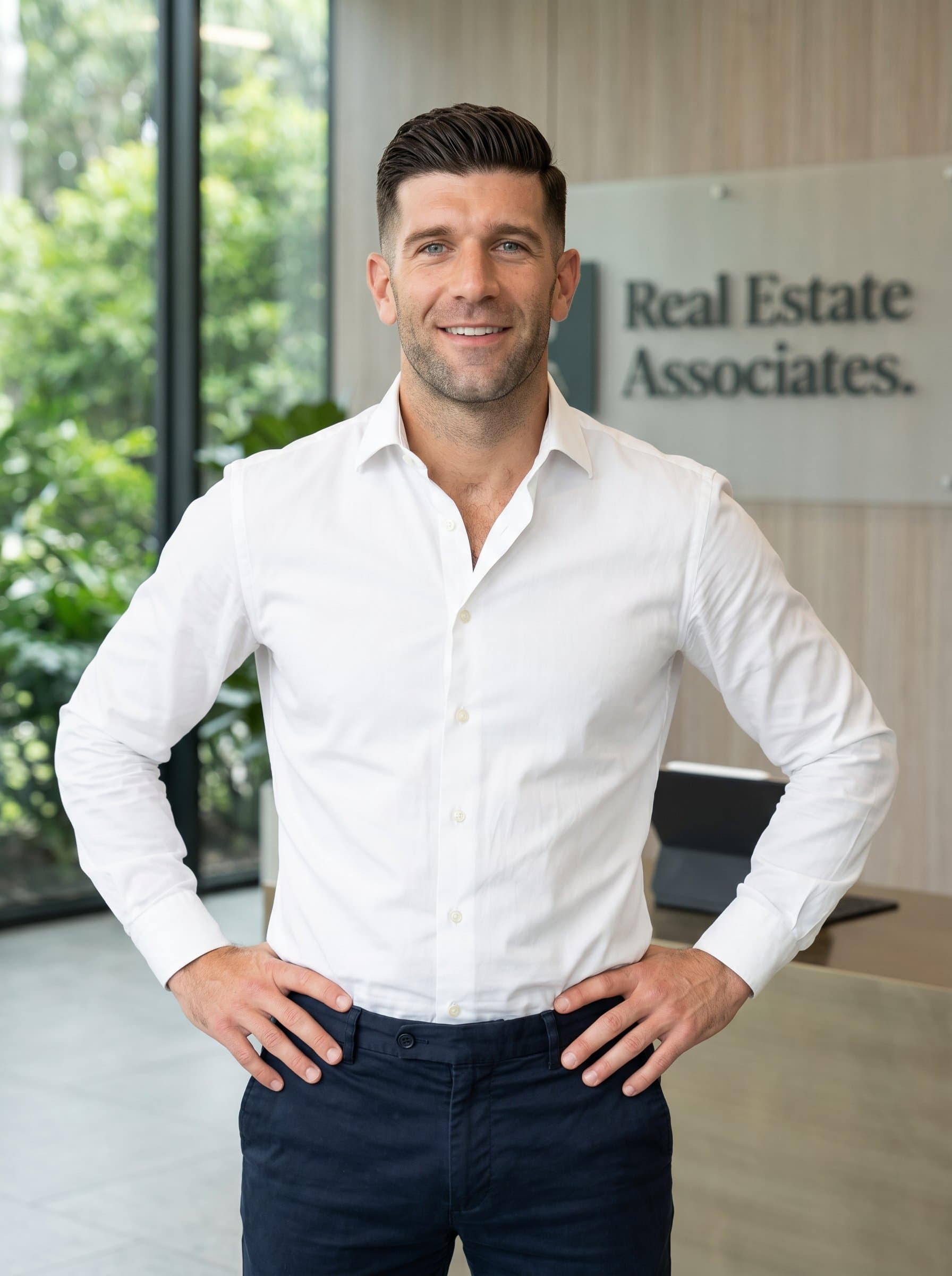 With a modern hairstyle and a neat shirt, stands with both hands on hips. The neutral background projects a sense of readiness and energy, suitable for real estate social media profiles.