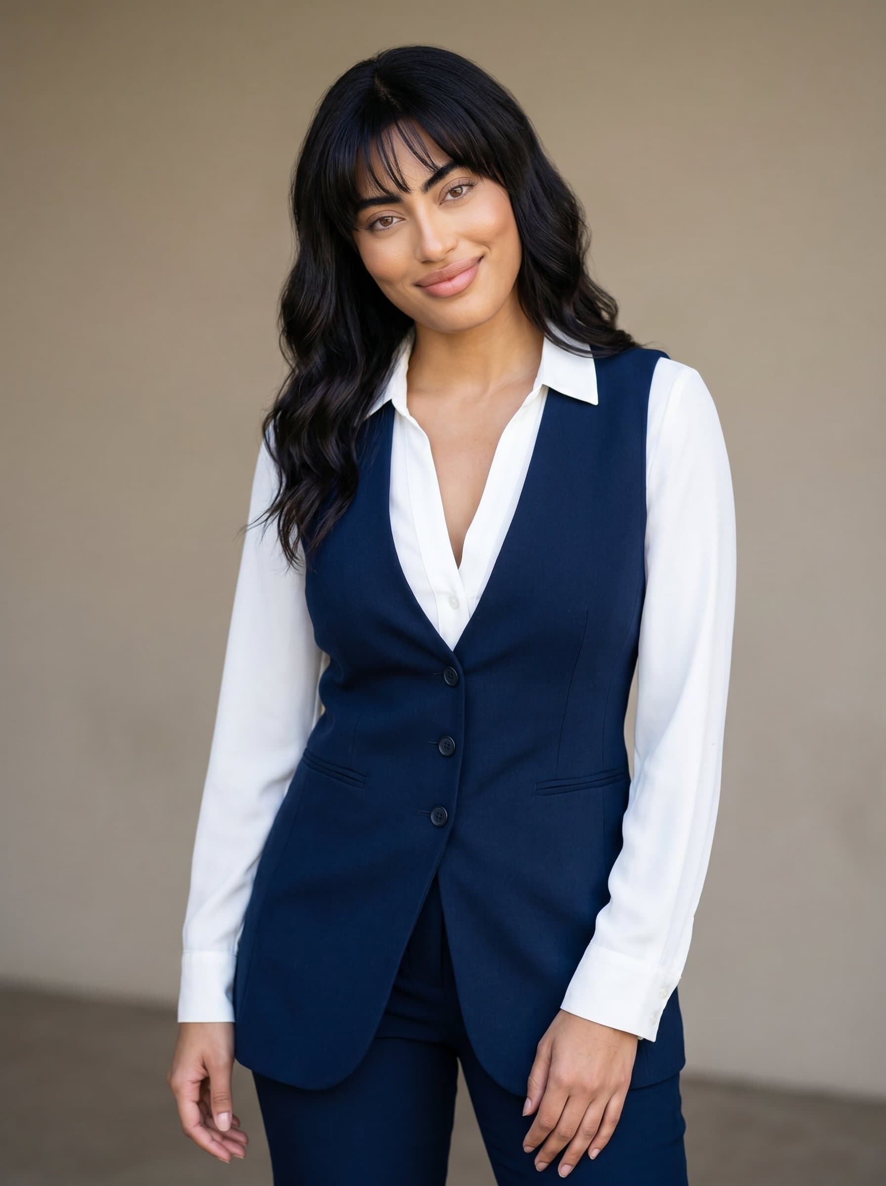 An open and welcoming in a professional vest, with a slight head tilt and a neutral background. This setup highlights their friendly yet professional disposition, perfect for brochures.