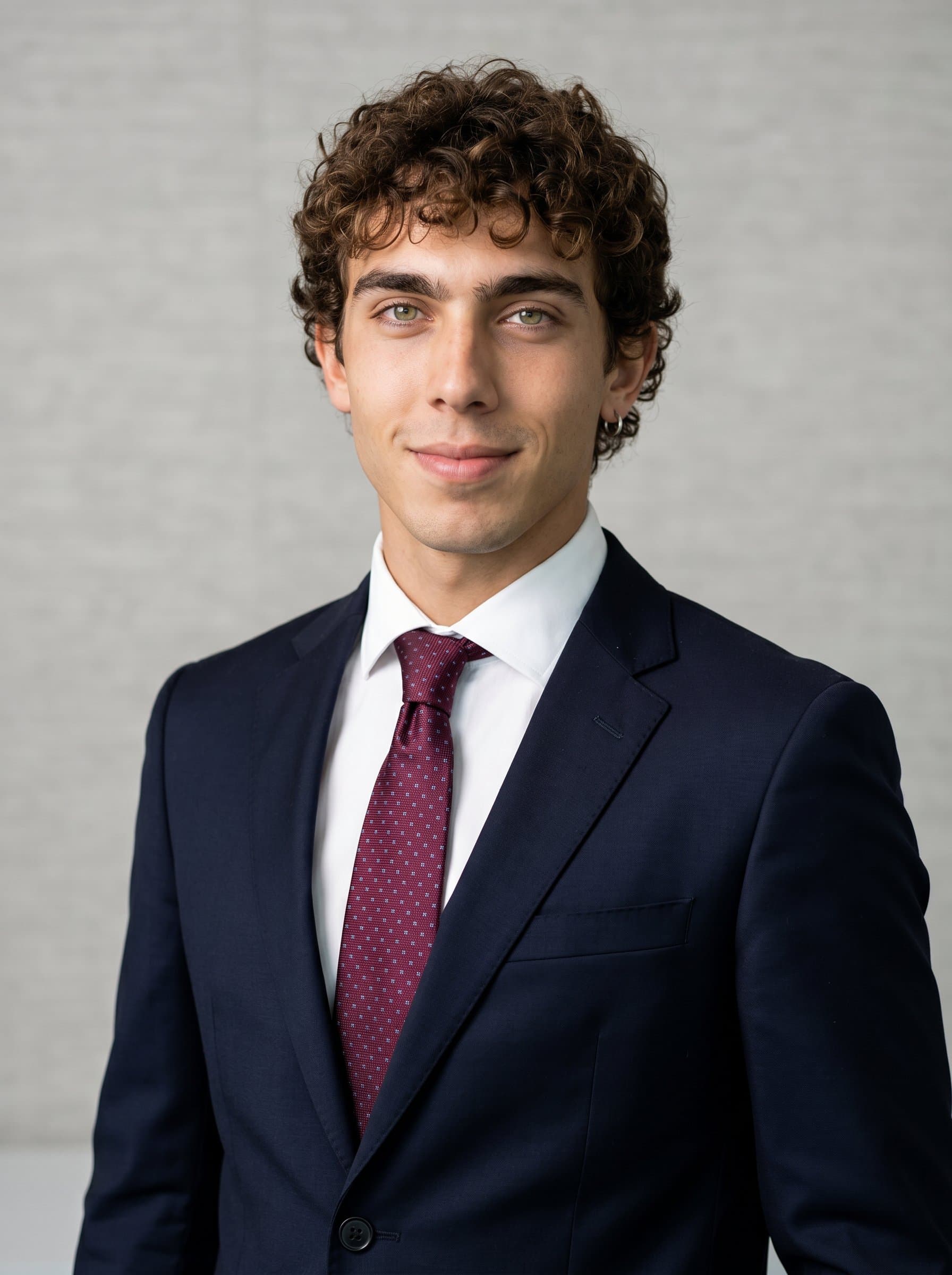 Sharp-dressed with a neat tie, standing confidently with a slight smile. The neutral background enhances their professional demeanor for real estate business cards.