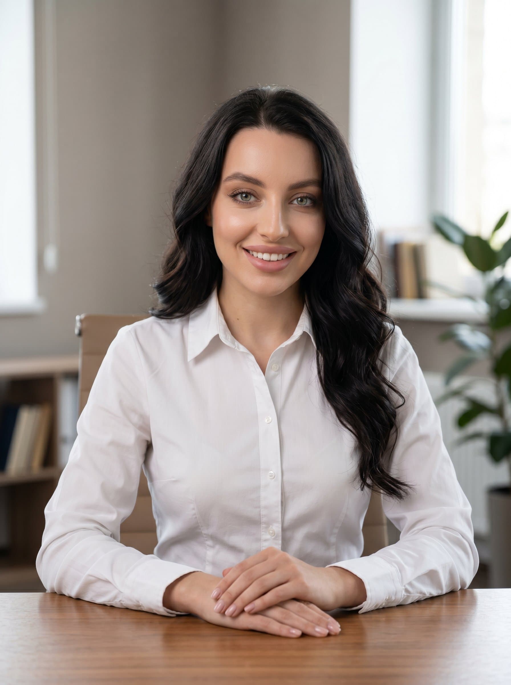 A professional in a neatly ironed shirt, seated with hands clasped on a desk. The neutral background reflects an earnest and dependable nature, well-suited for office wall displays.