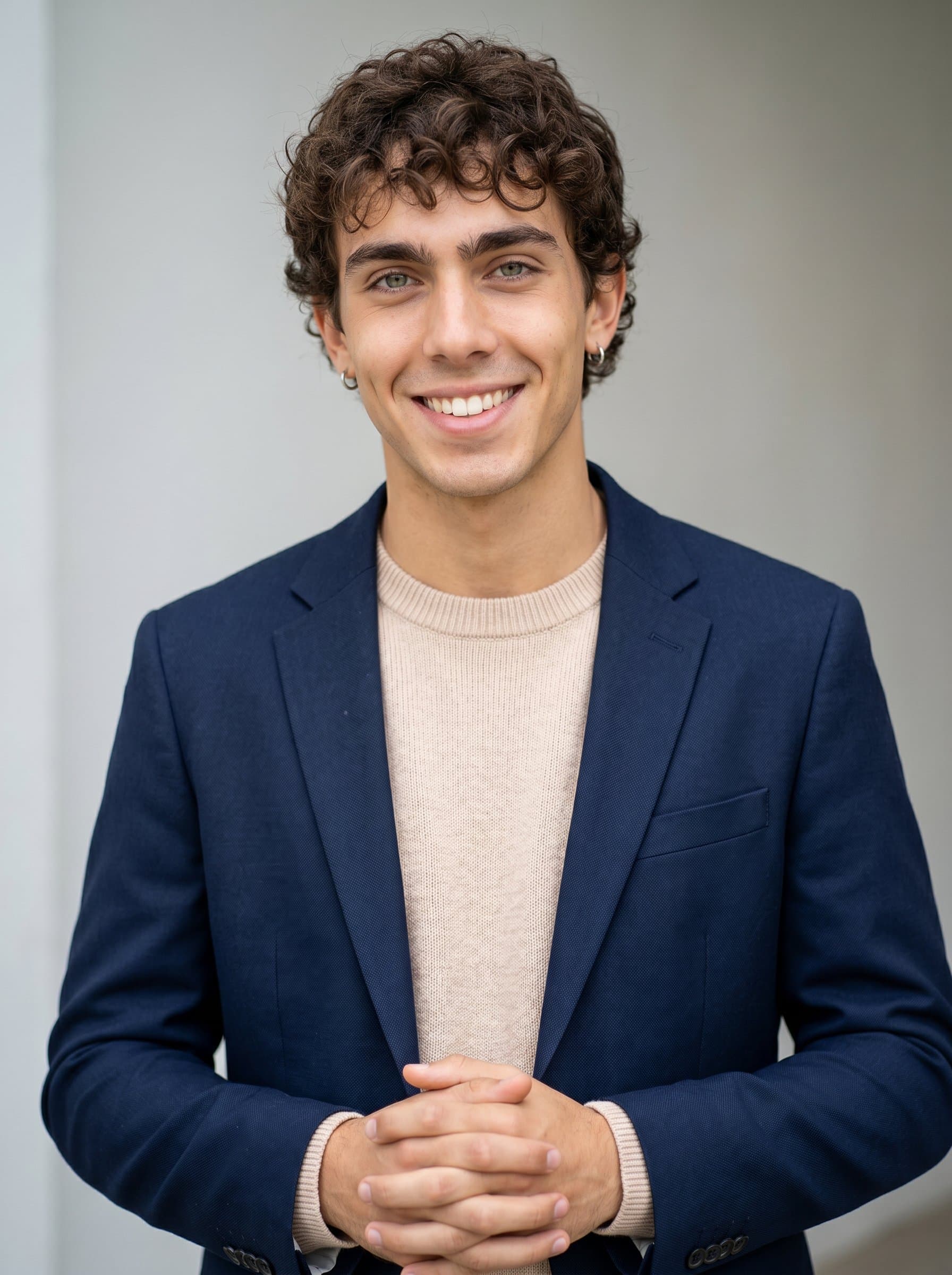 An inviting in a softly colored sweater and blazer, with a gentle smile. The neutral backdrop highlights their warm and trustworthy persona, suitable for community-centric real estate ads.