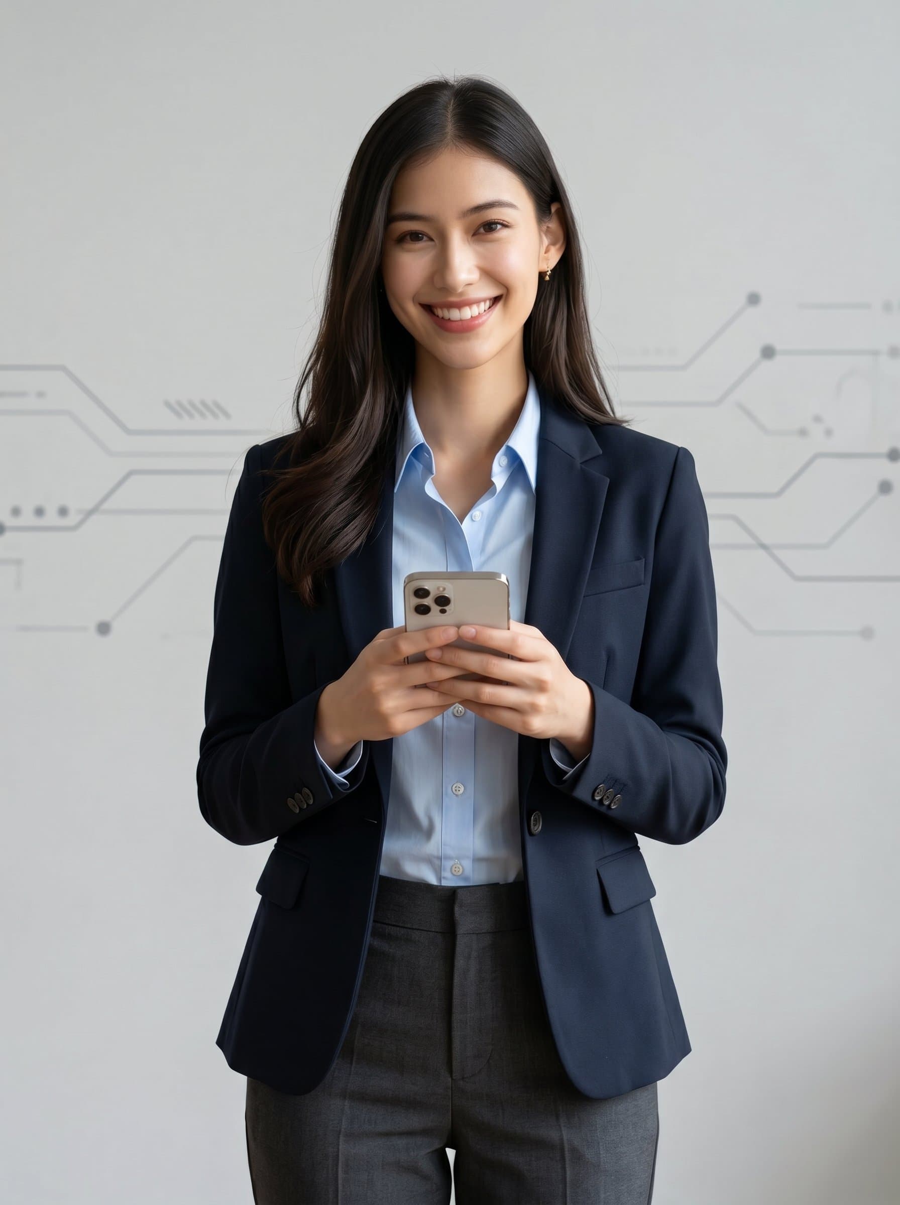 Smiling in a business casual ensemble, holding a smartphone. The neutral background signifies a tech-savvy and approachable agent, suitable for digital marketing channels.