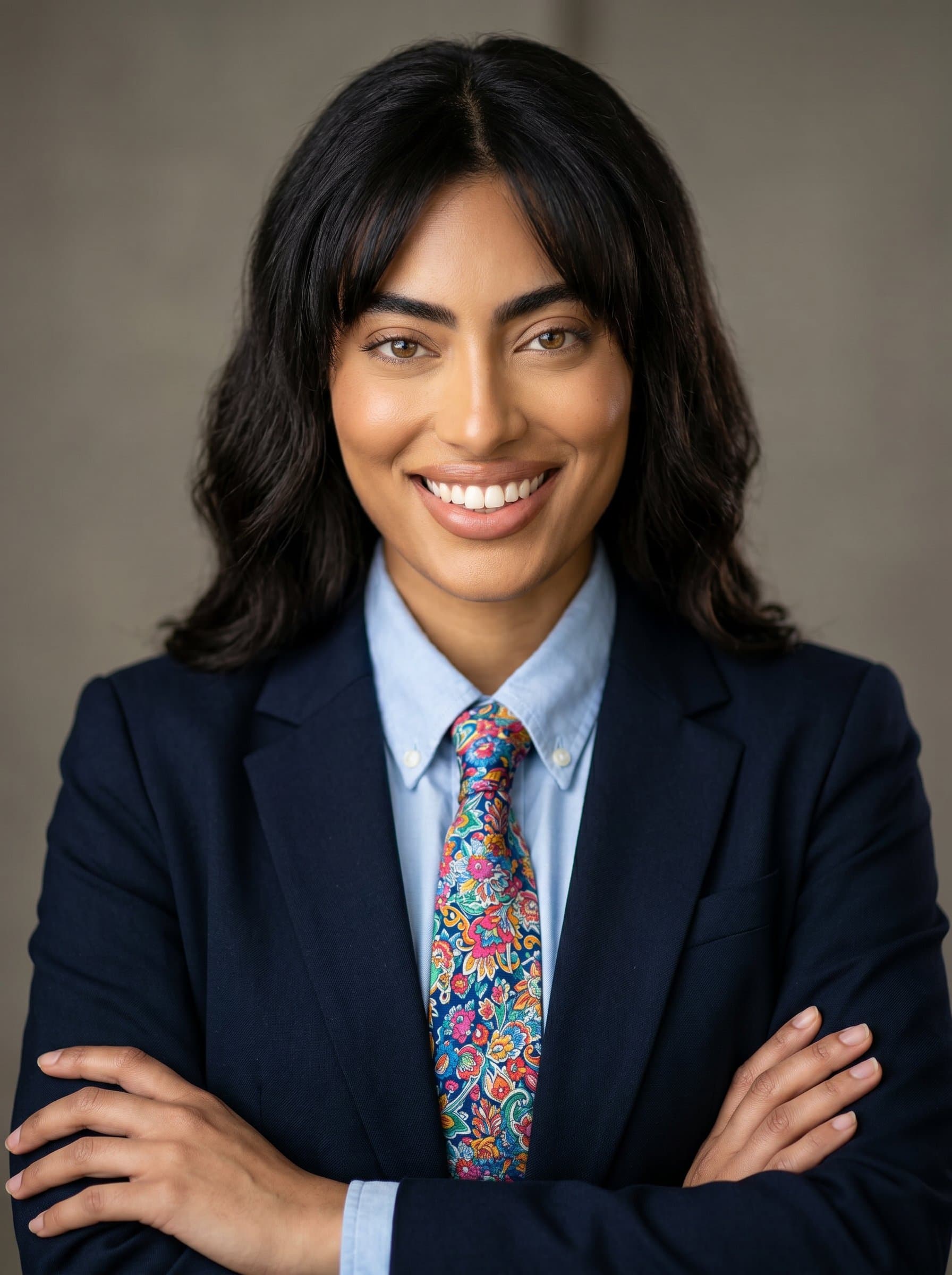 A charismatic with a colorful tie, arms gently folded. The neutral background emphasizes their vibrant and engaging personality, ideal for real estate newsletters.