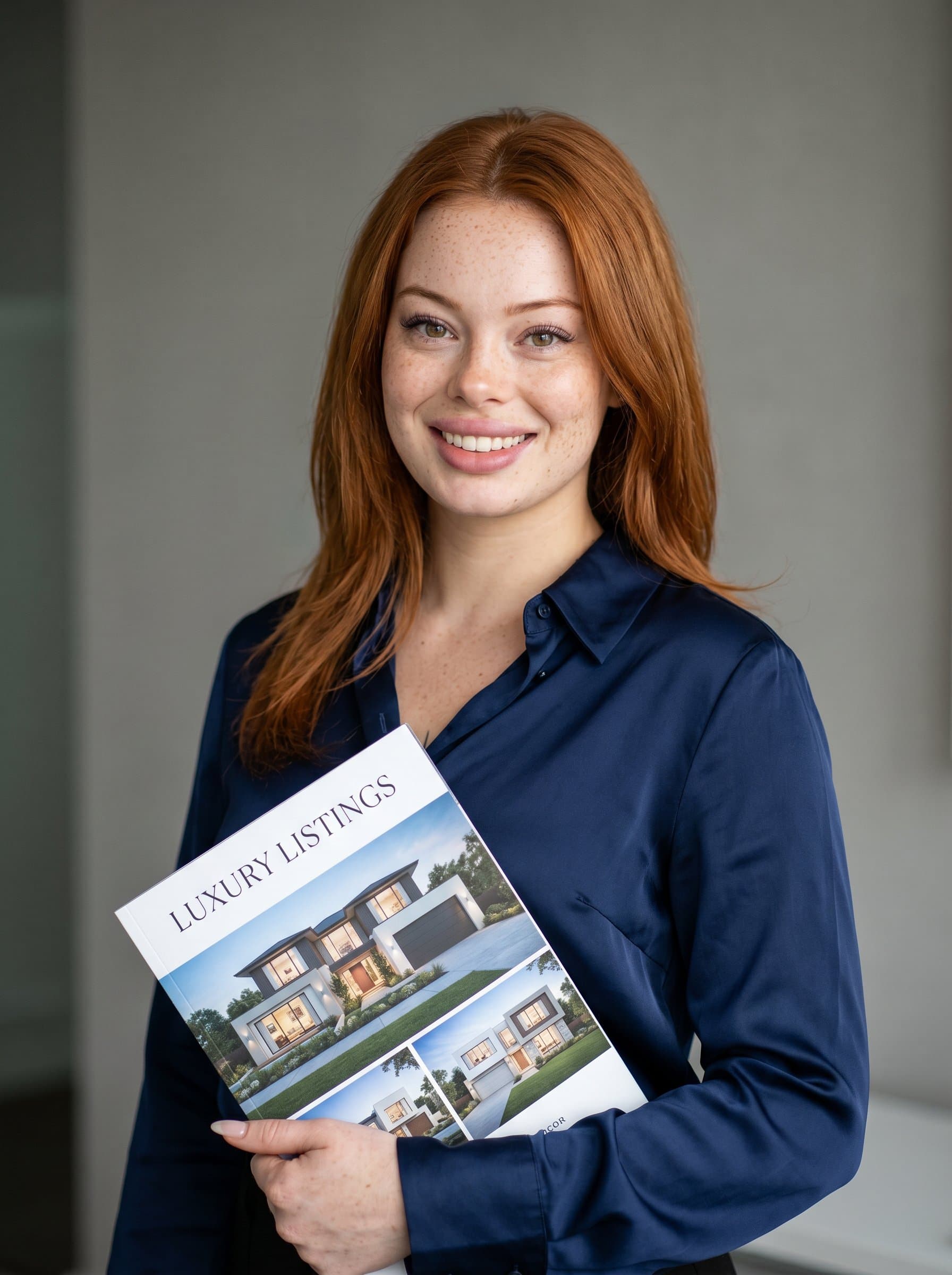 in an elegant top, holding a property brochure. The neutral backdrop and poised stance convey professionalism and warmth, suitable for online real estate portfolios.