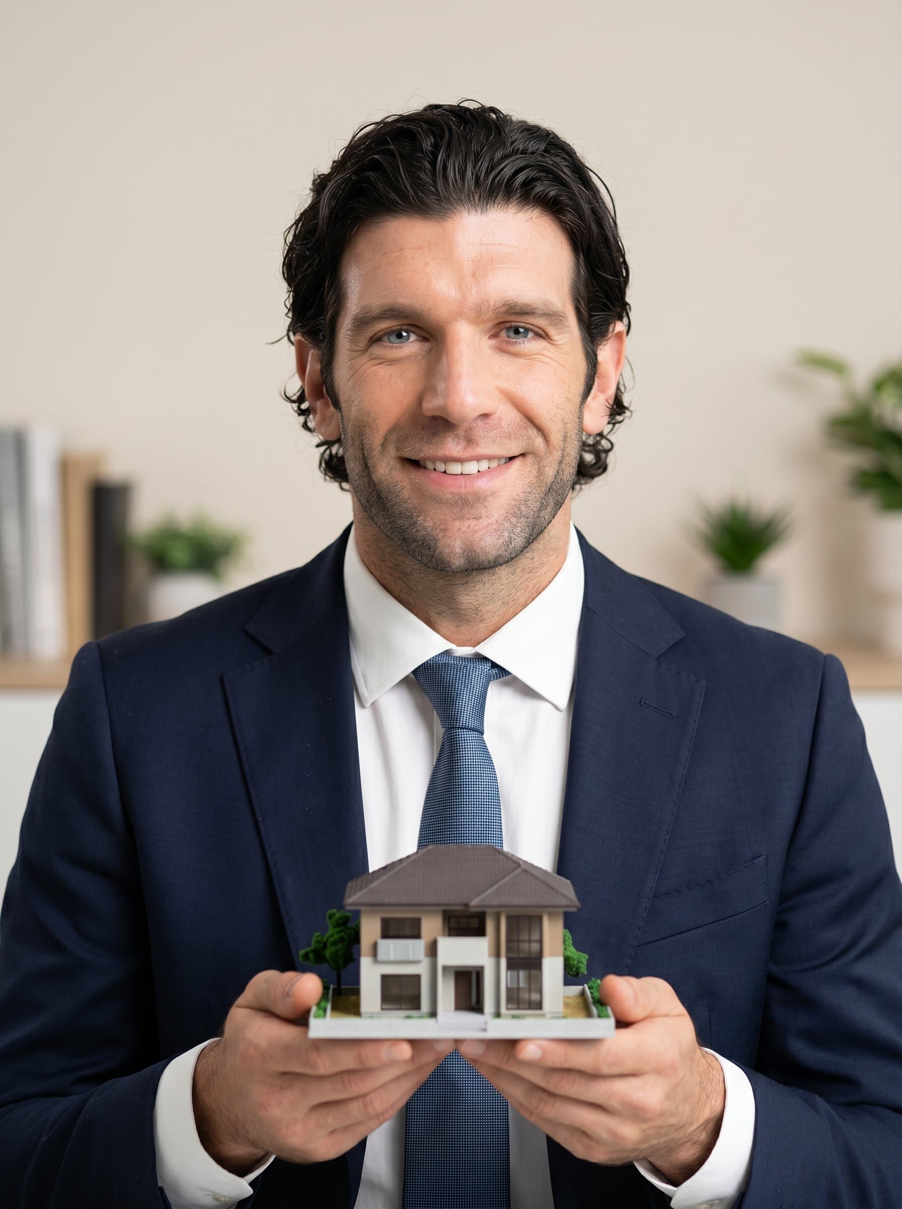 in a formal jacket, holding a small model house. The neutral background symbolizes trust and expertise, ideal for print advertisements targeting home buyers.