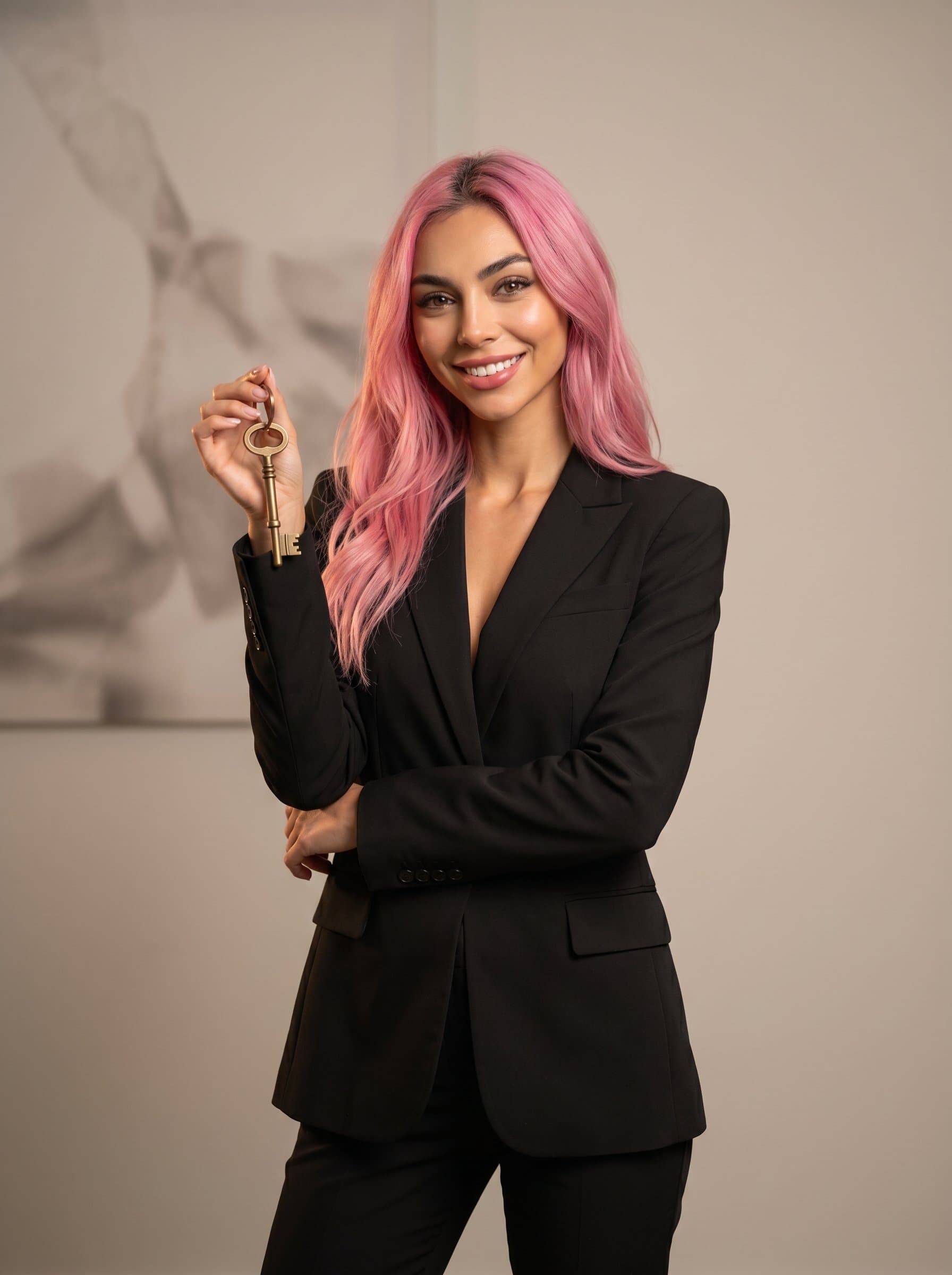 wearing a sleek jacket, holding a key in one hand symbolizing new beginnings. Set against a neutral background, perfect for real estate promotional campaigns.