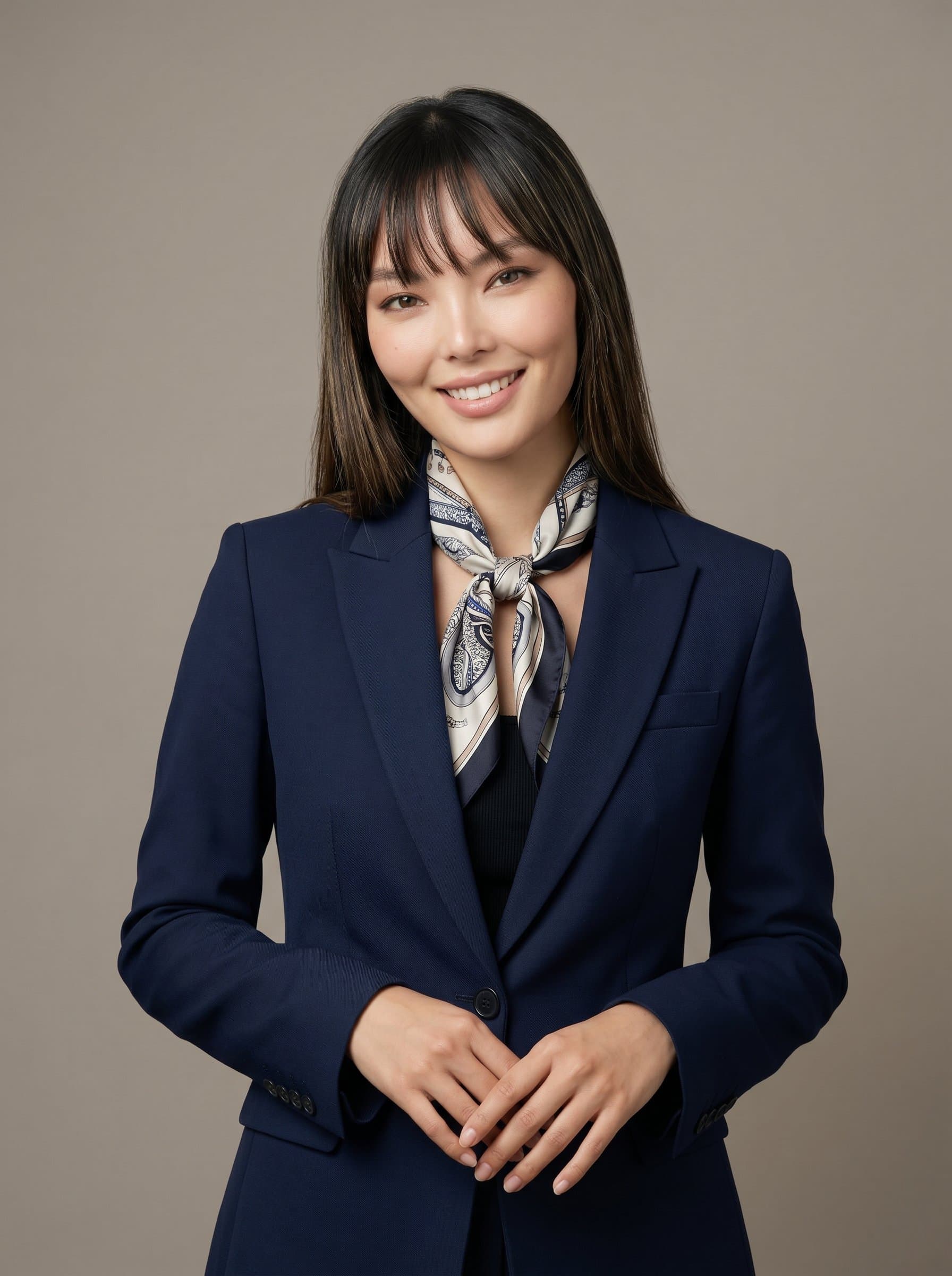 in a chic scarf and blazer, with a slight head tilt conveying friendliness. The neutral background presents them as both stylish and approachable, great for luxury property marketing.