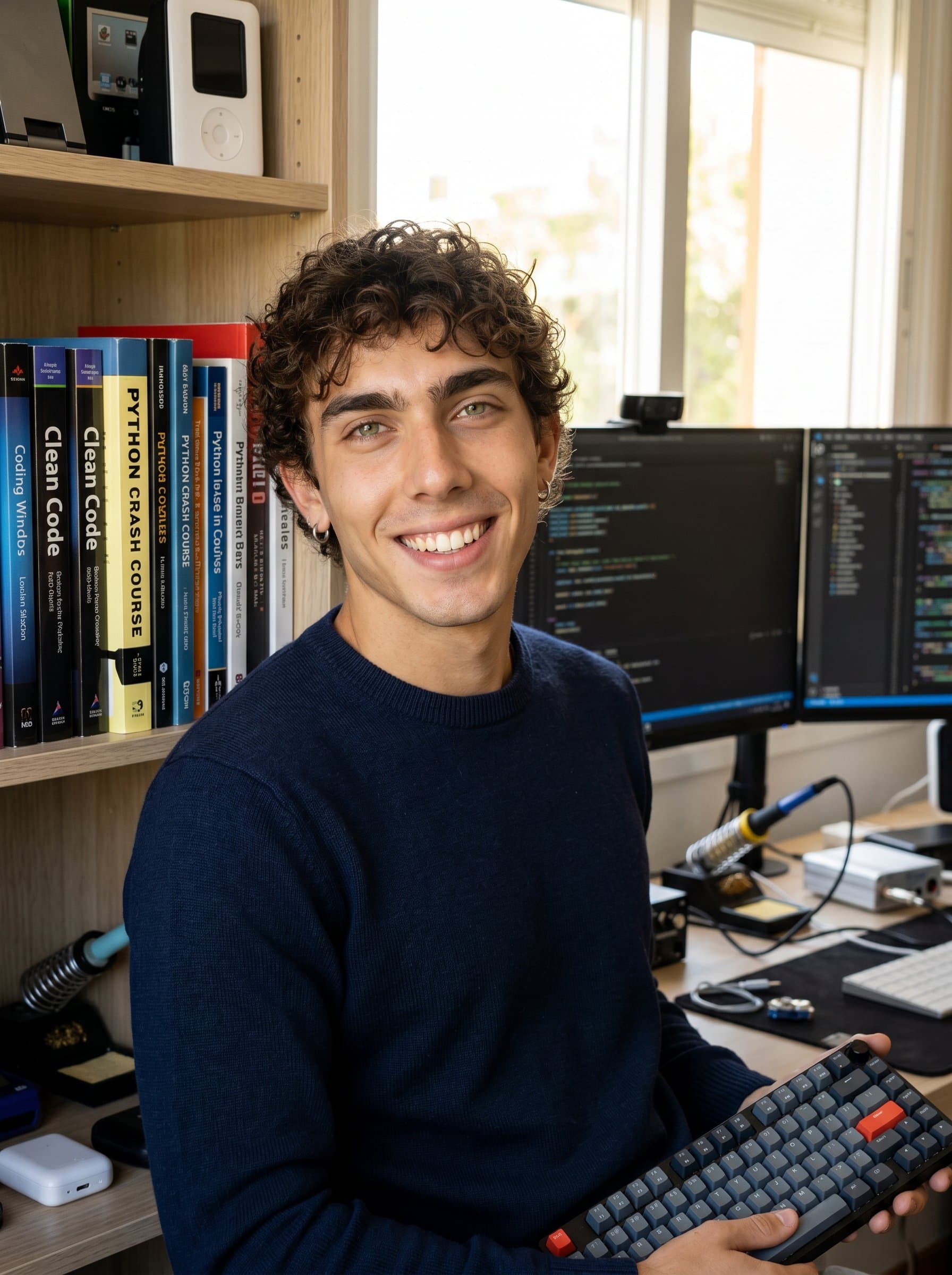 Casual creative headshot of in a home office, surrounded by coding books and gadgets, capturing an approachable and inventive personality. The natural light should create a friendly and open atmosphere.