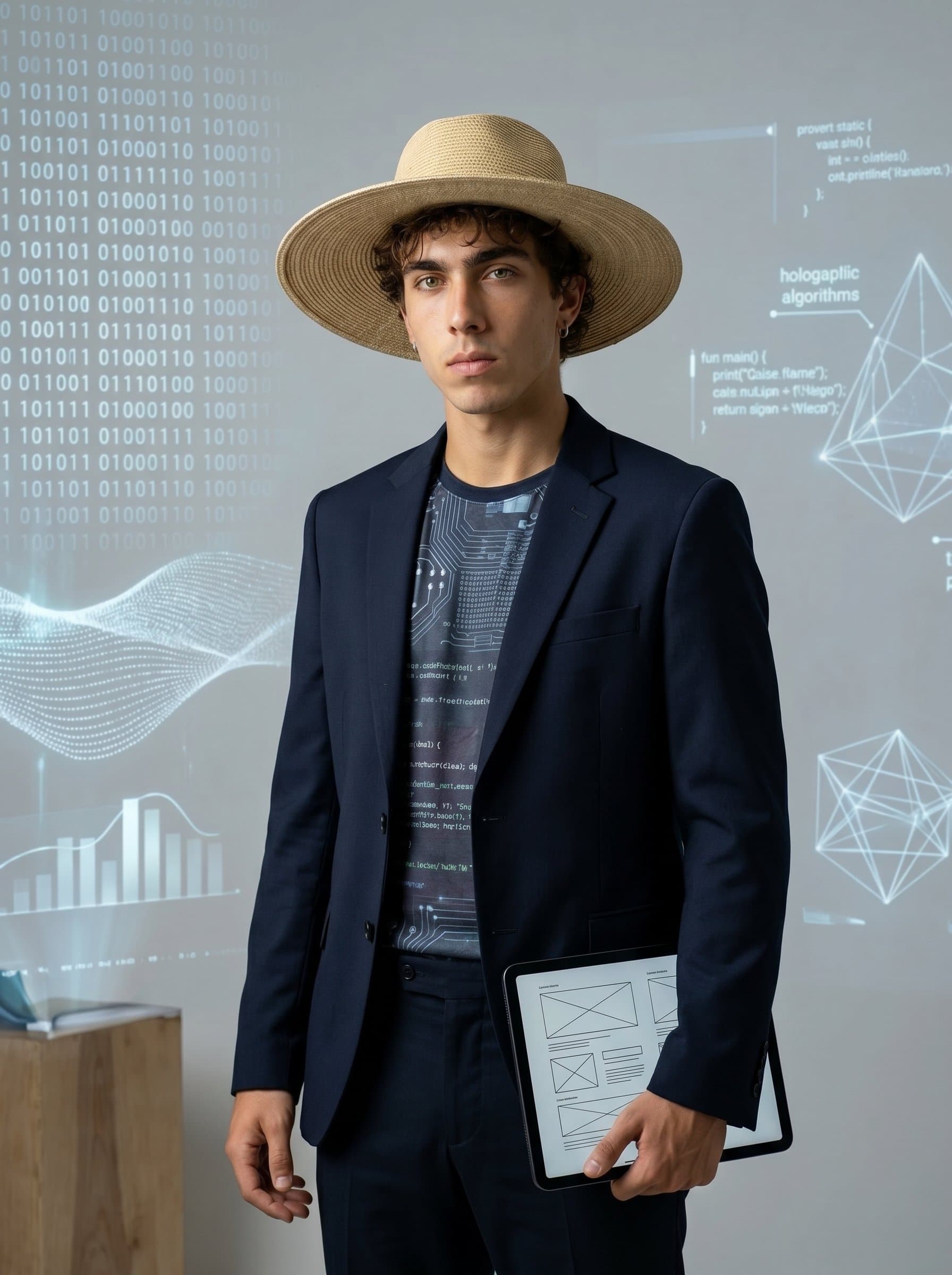Artistic flair portrait of with abstract digital elements subtly integrated into the background, symbolizing creativity and innovation in software engineering. The attire should be creative but professional, conveying artistic vision.