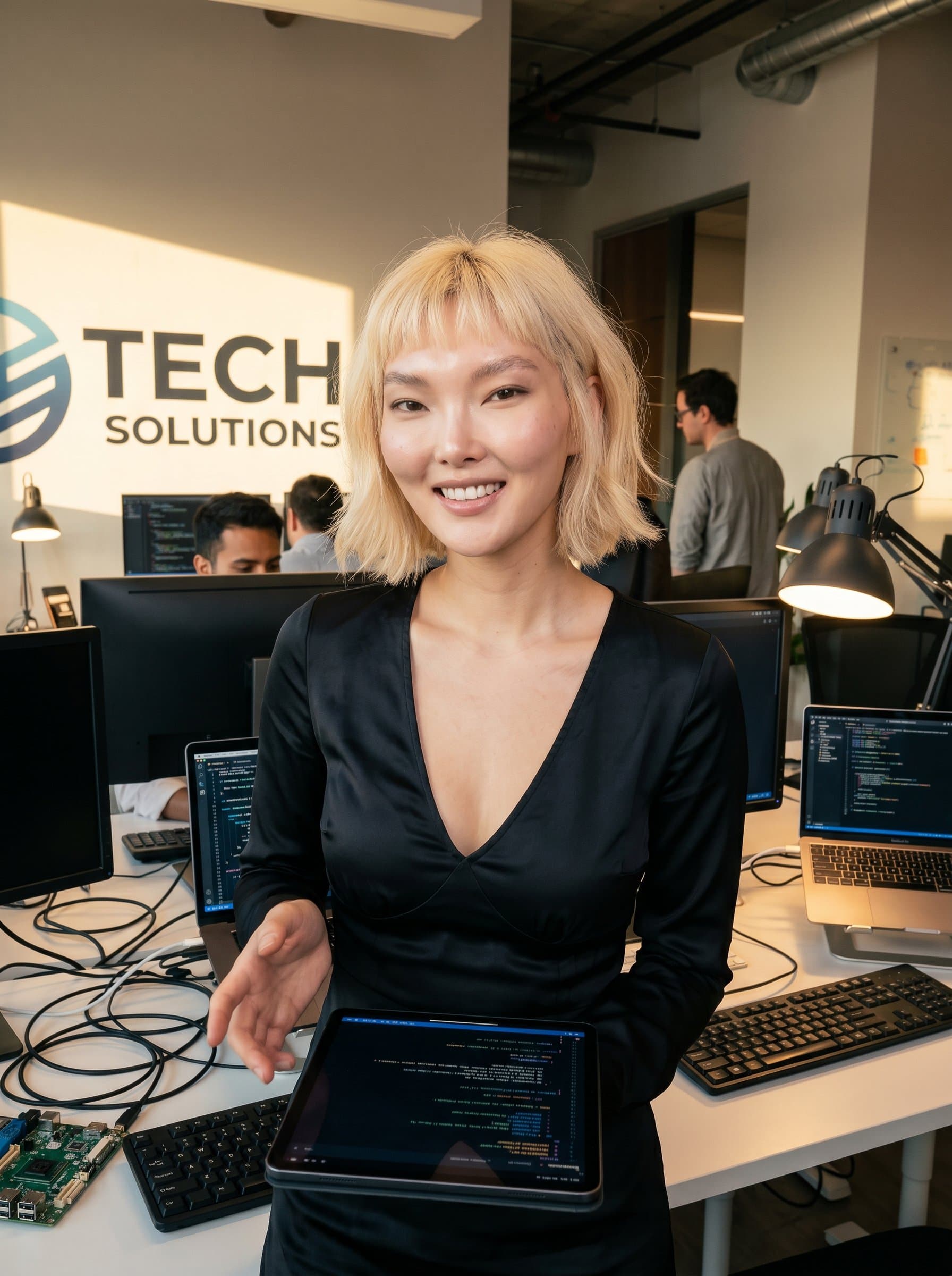 posing confidently in a contemporary office space filled with tech devices. The lighting should be warm and inviting, highlighting the woman's expertise in technology and approachability for networking purposes.