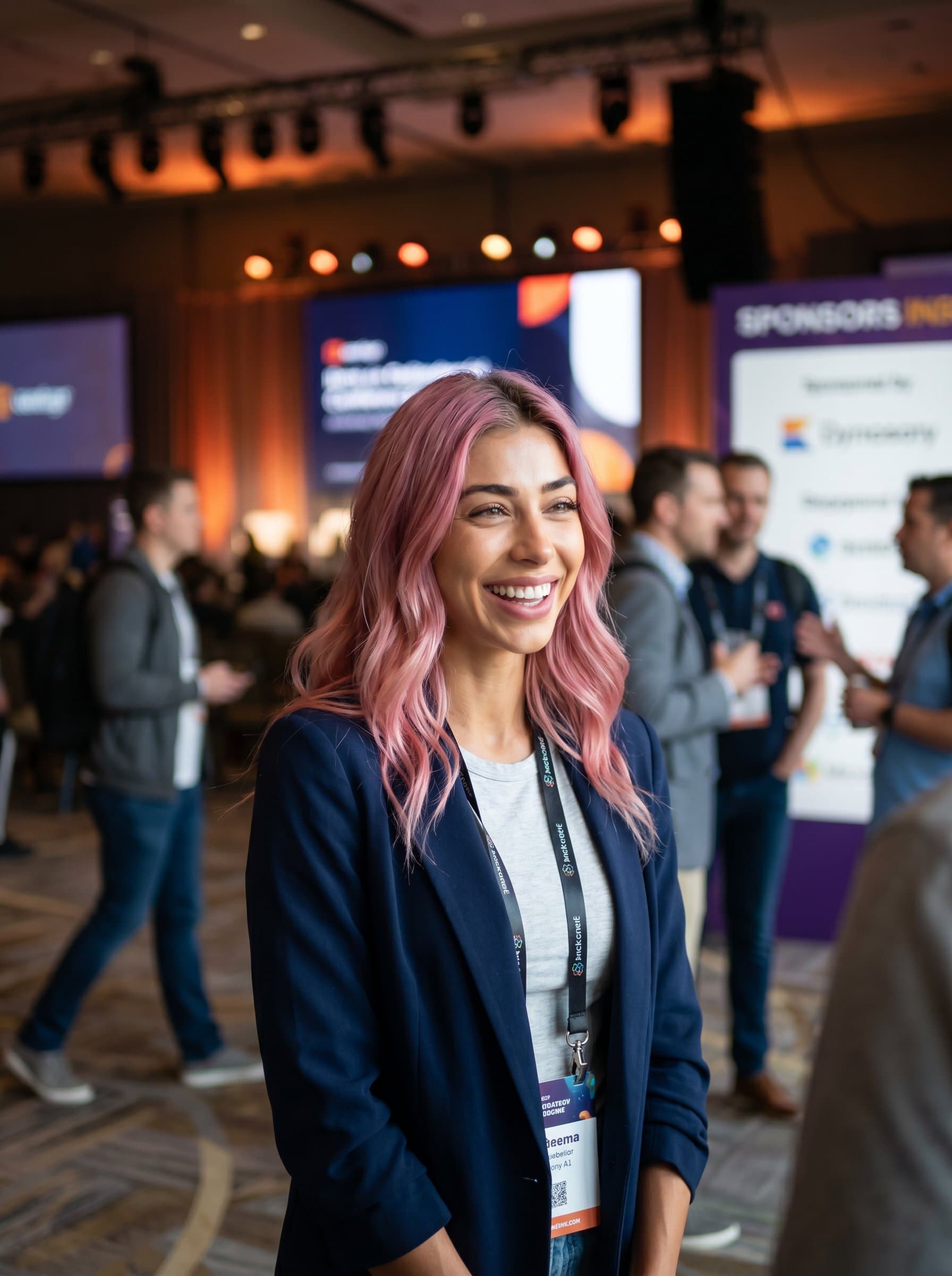 Dynamic headshot of in a bustling tech conference setting, with blurred figures in the background to indicate activity and networking prowess. Attire should be business casual with an energetic vibe.