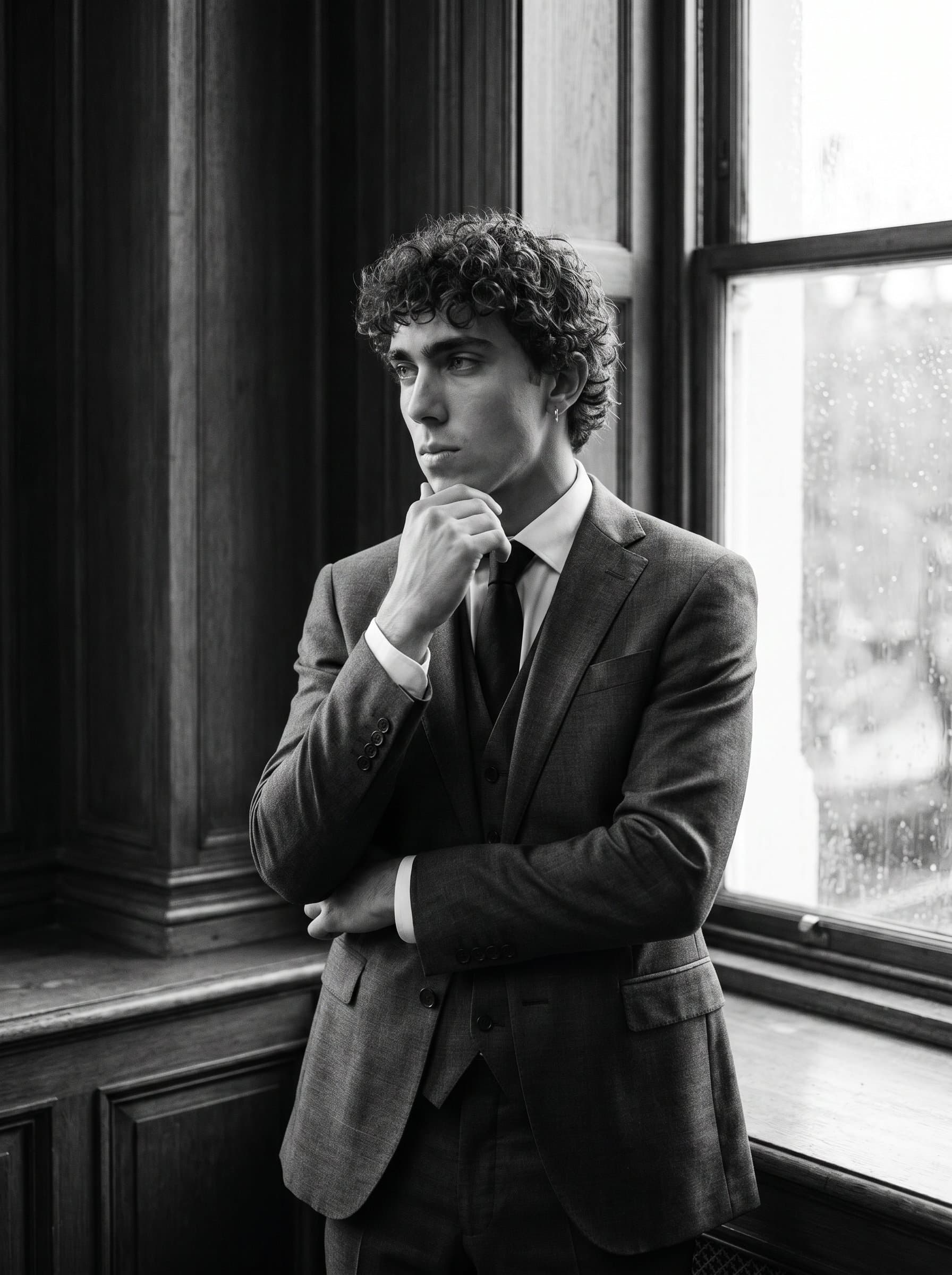 with a monochrome color scheme, conveying a timeless and classic professional look. The man should appear thoughtful and driven, suitable for use in traditional business environments.