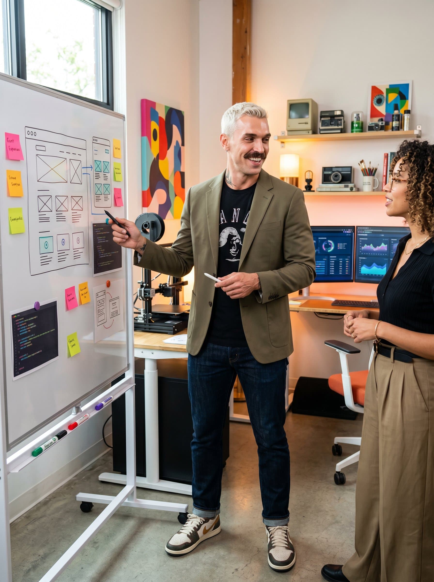 in a creative workspace, showcasing a blend of art and technology with colorful elements. The attire should be smart and stylish, reflecting a blend of creativity and professionalism for tech startups.