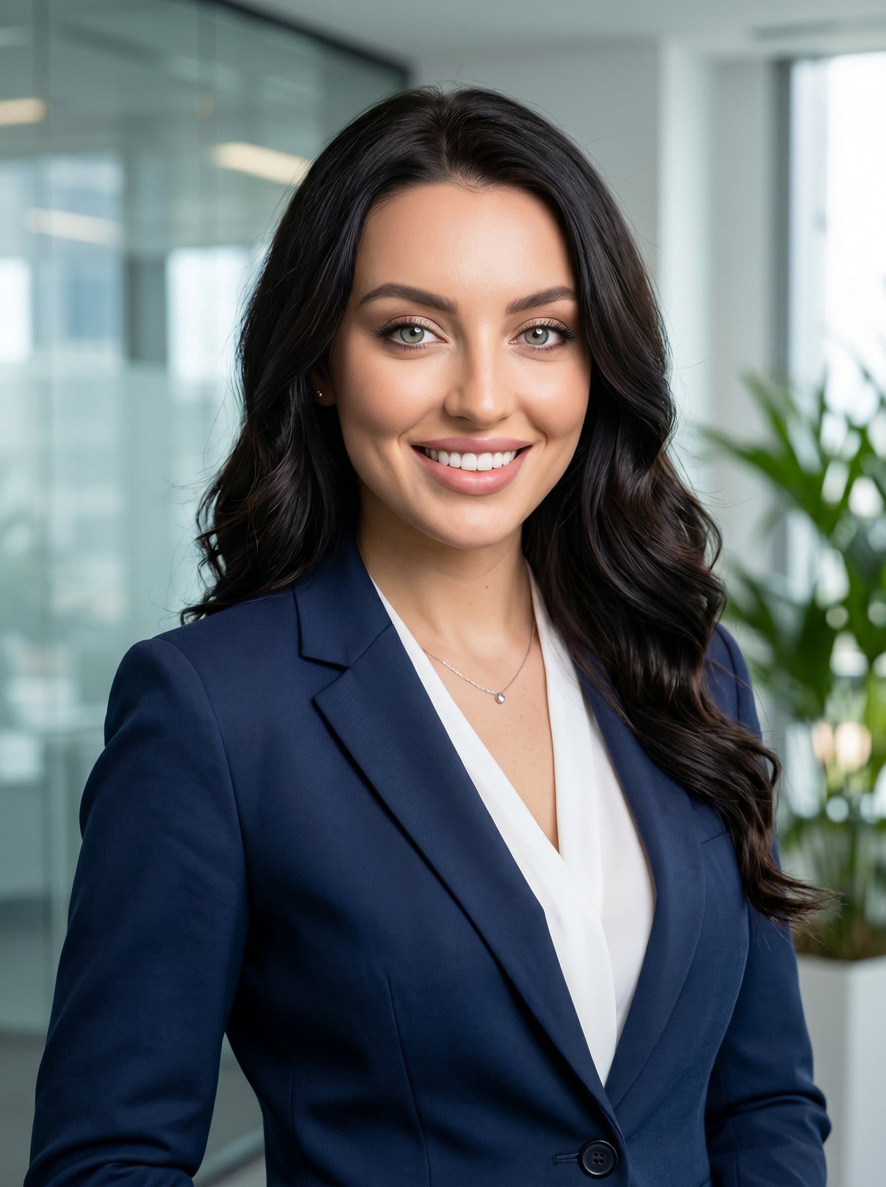 Corporate headshot of against a modern office backdrop, with a confident expression and neat attire. Lighting should highlight facial features, conveying professionalism and trustworthiness.
