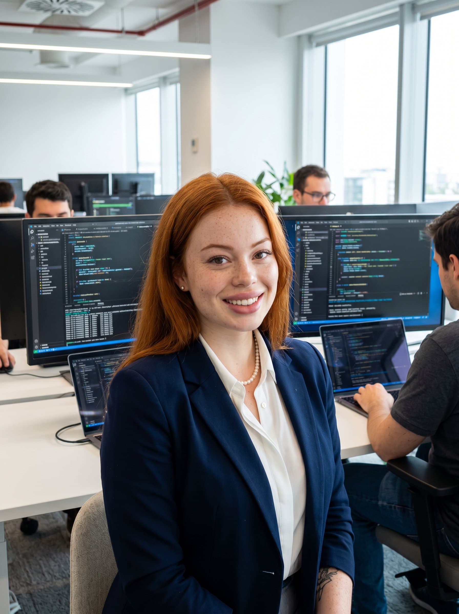 Formal headshot of in a well-lit office space, with high-tech computer screens visible, indicating a strong focus on software engineering skills. Suitable for corporate profiles and tech company leadership roles.