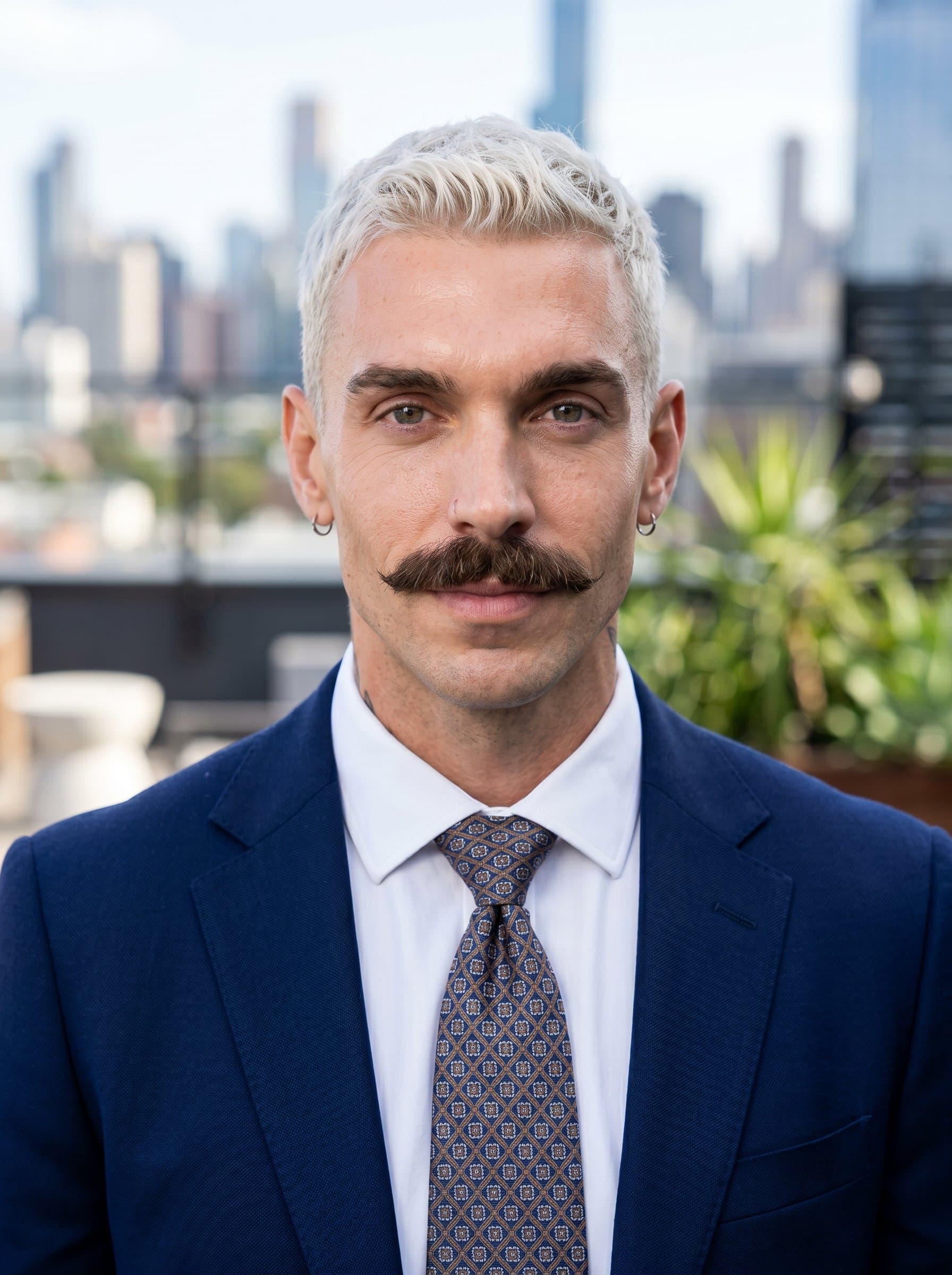 Professional headshot of with a serene outdoor background, like a cityscape or park, implying adaptability and balance between work and life. The expression should be focused and ambitious.