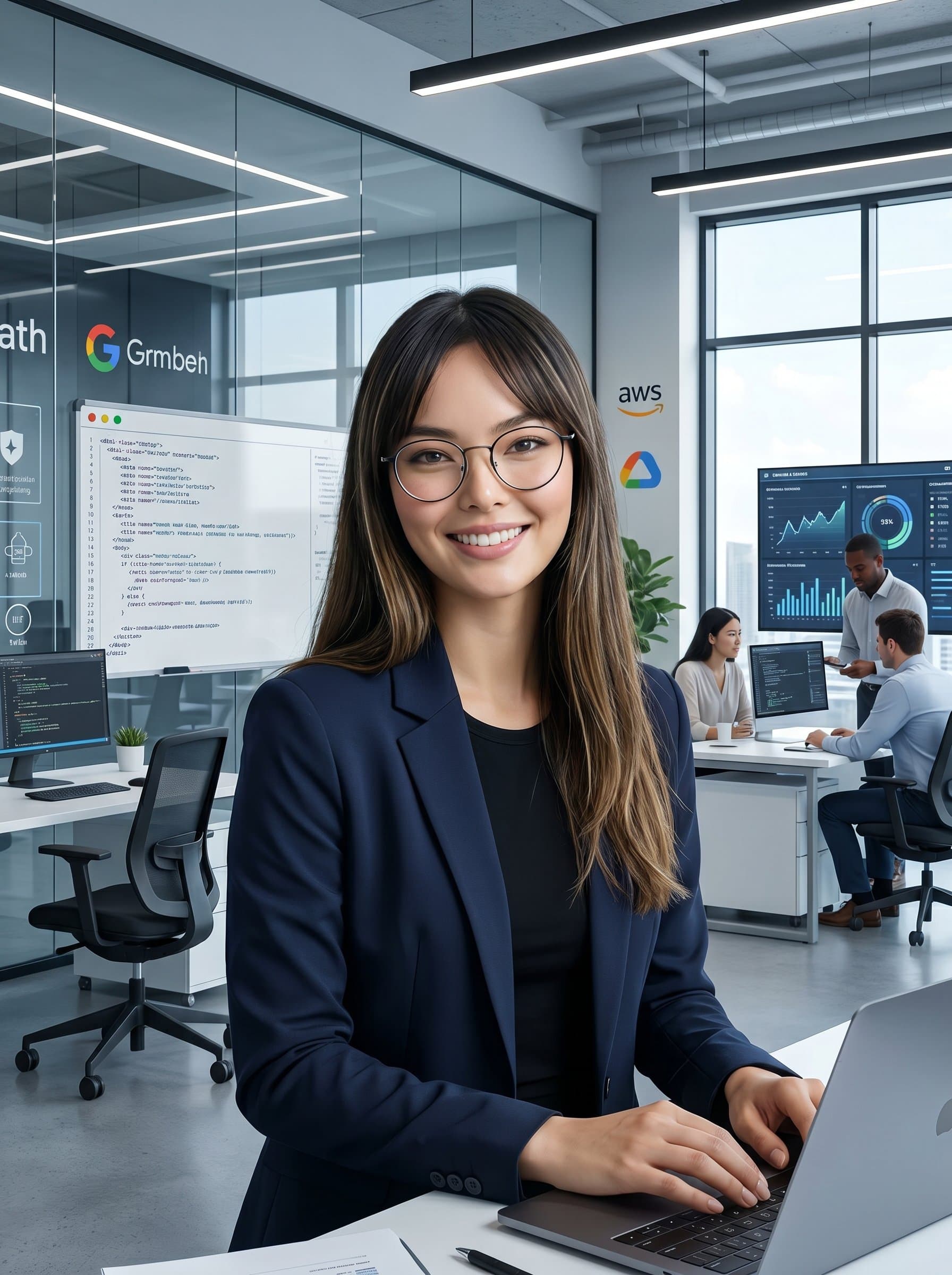 software engineer in a modern tech setting, wearing stylish glasses, with a futuristic office background, highlighting innovation and expertise. Lighting should emphasize professionalism and competence, suitable for LinkedIn profiles.