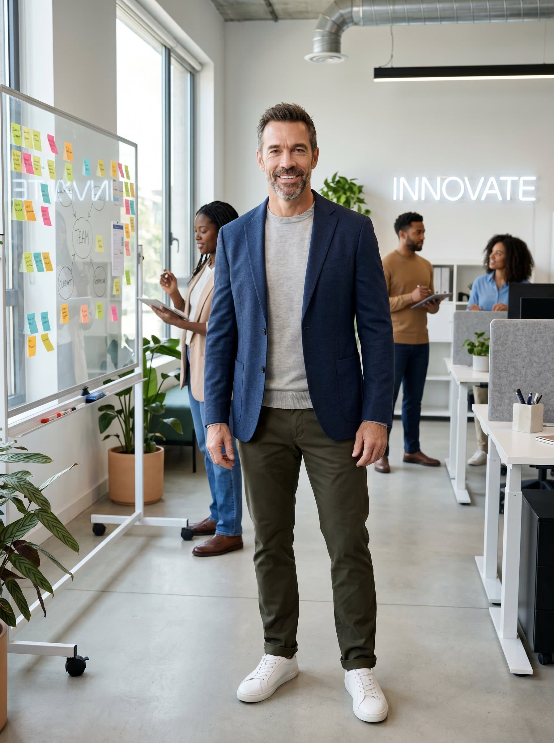 depicted in a vibrant tech startup space, wearing a stylish yet professional outfit. The environment should reflect innovation and passion, making it suitable for entrepreneurial contexts and creative teams.
