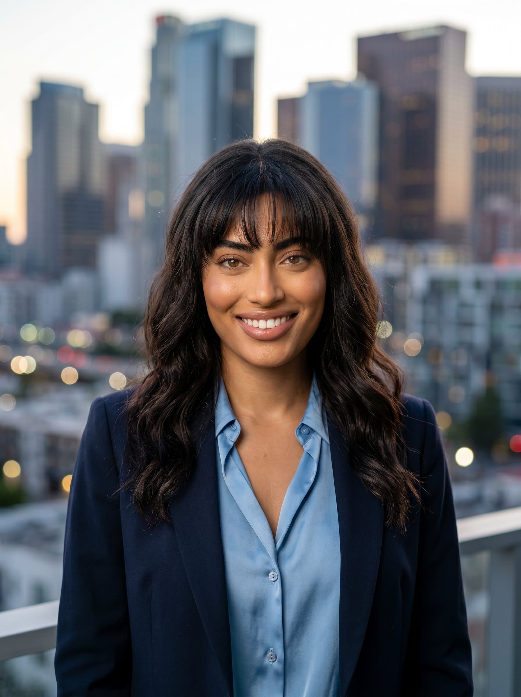 Sophisticated headshot of with a focus on facial features and a blurred city skyline in the background, suggesting global reach and modernity. Ideal for companies and international networking.