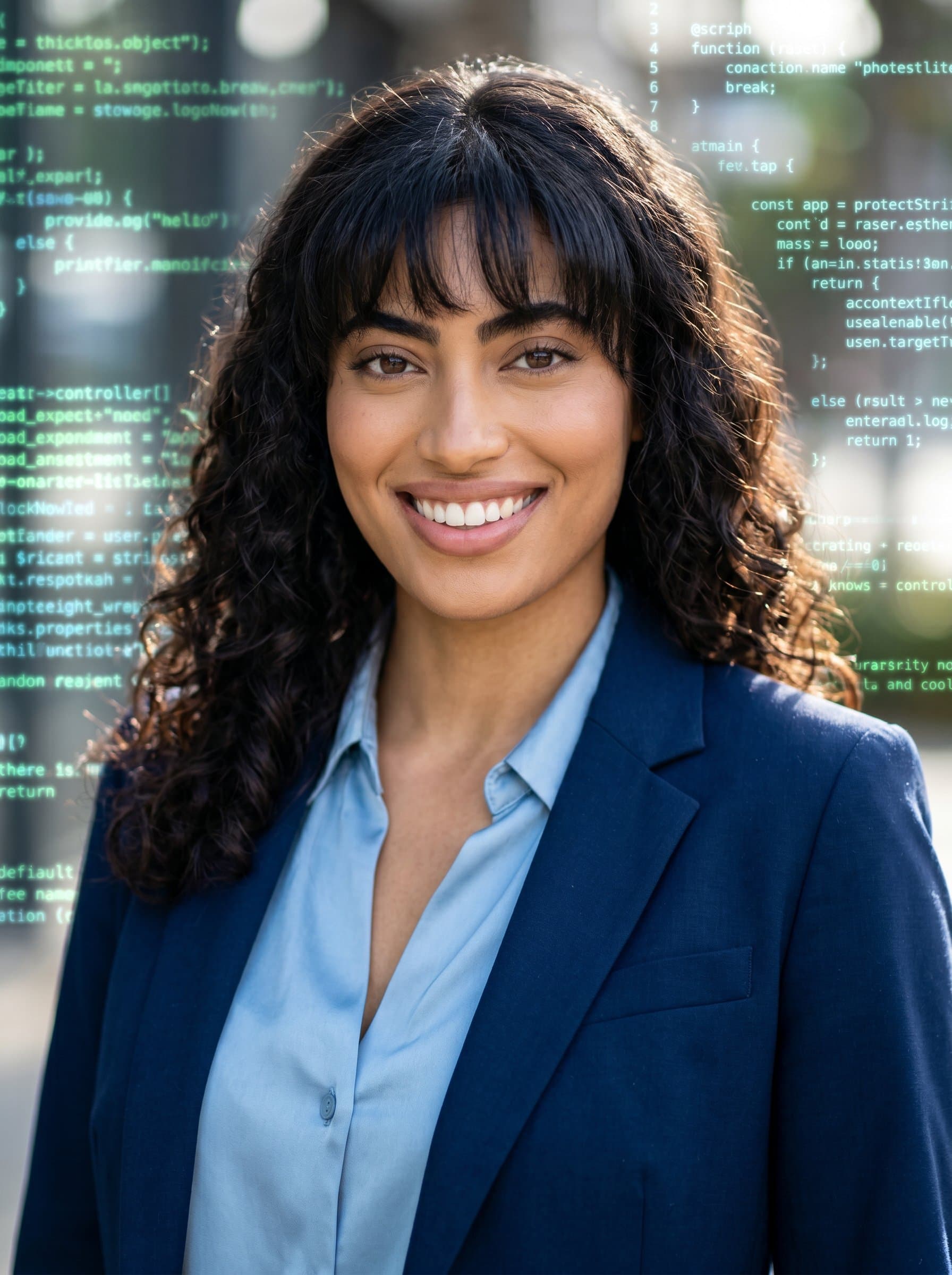 Artistic headshot of featuring soft-focus, blurred digital code graphics in the background, symbolizing both creativity and technical skills. The woman should appear engaging and knowledgeable.