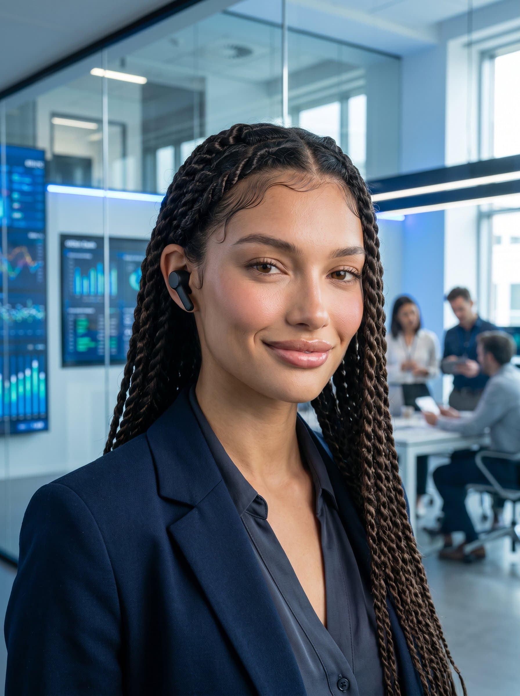 Modern tech-themed headshot of wearing wireless earbuds, with an innovative office space in the background, suggesting cutting-edge knowledge and adaptability. Perfect for tech-savvy platforms and profiles.