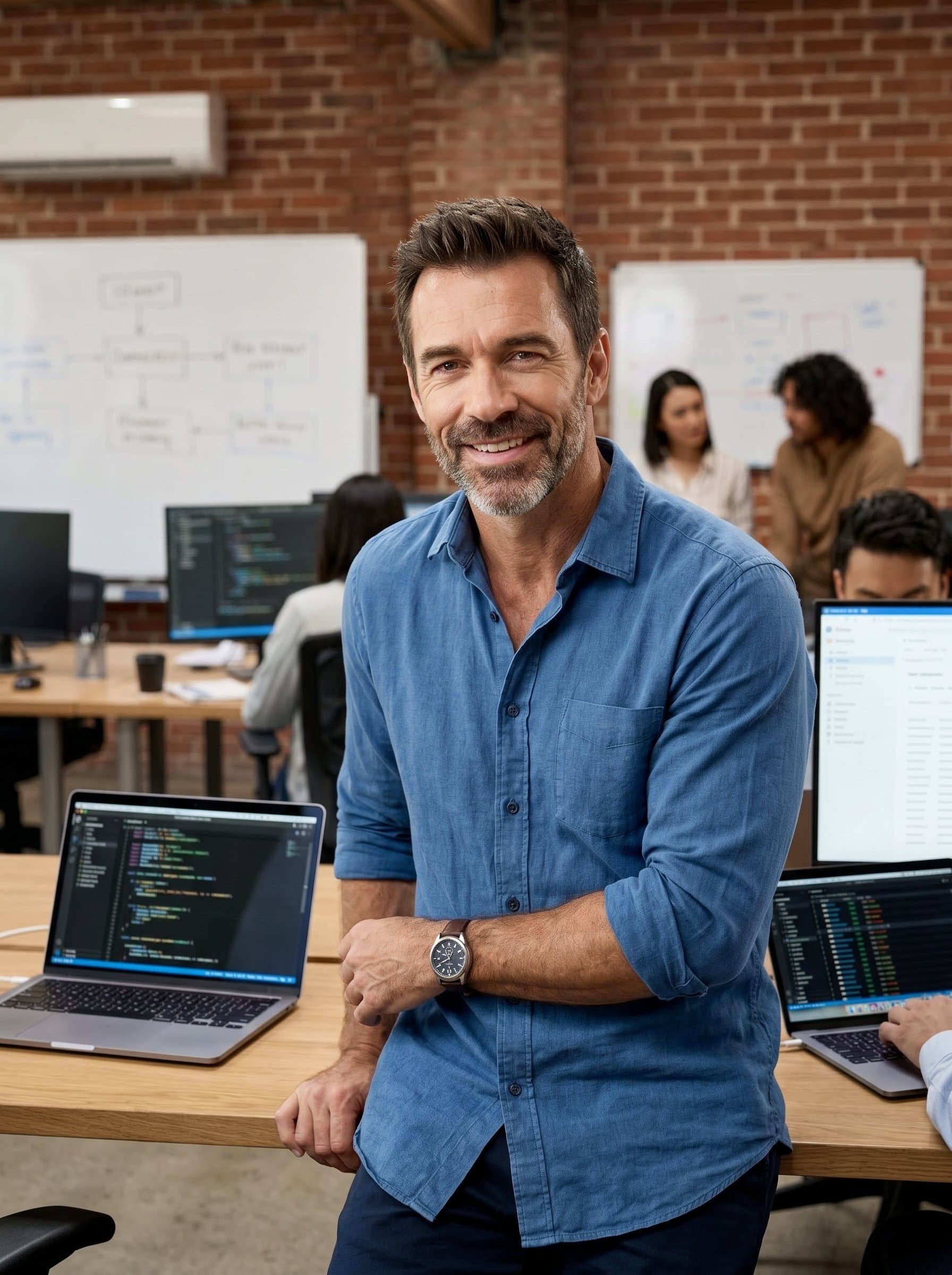 in a casual tech workspace, with a friendly smile and relaxed posture. The background should include subtle tech elements, reflecting an easy-going yet efficient professional demeanor.