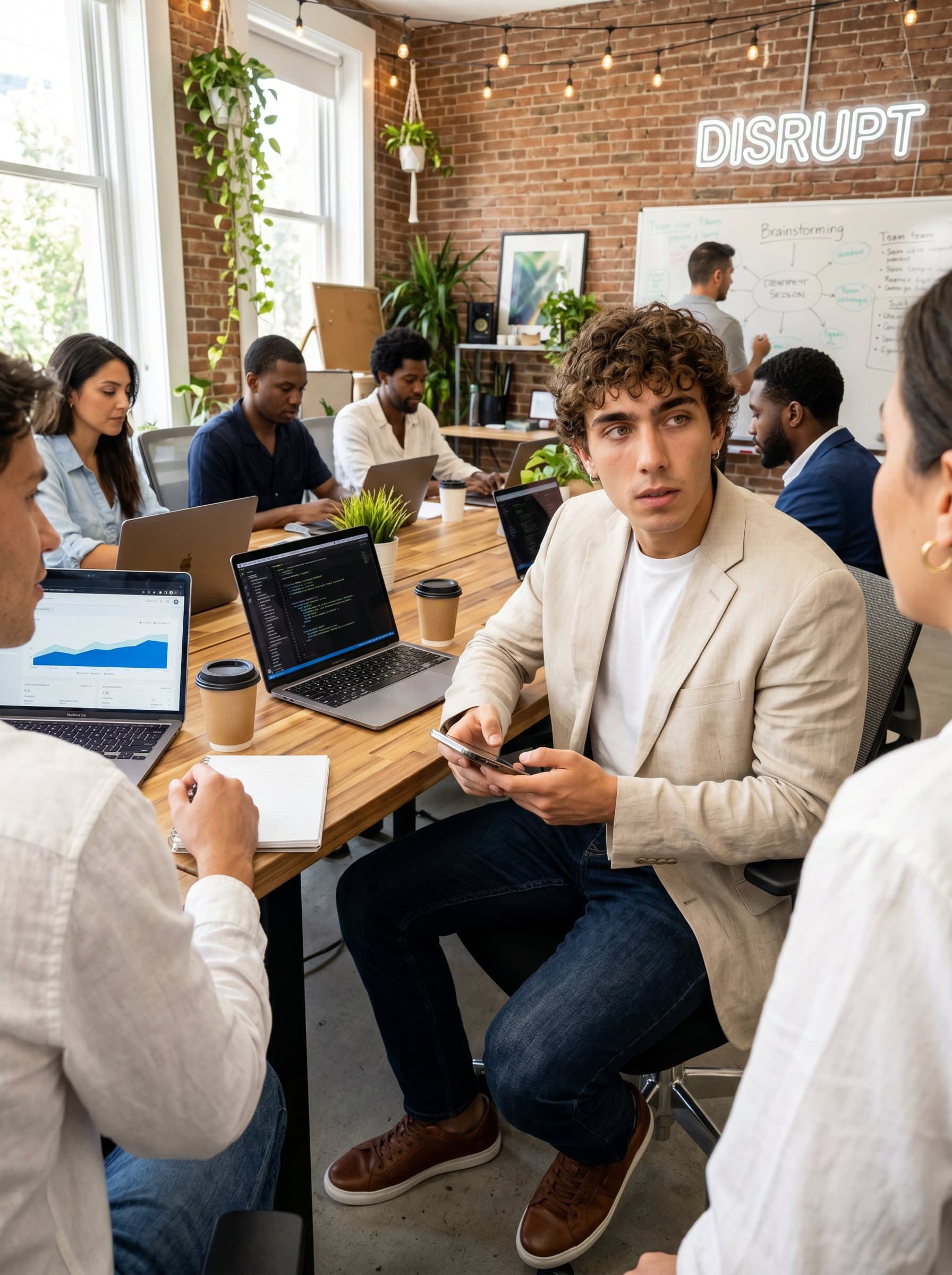 in a startup savvy environment, with a vibrant coworking space as the backdrop. The attire should be smart casual, reflecting an energetic and dynamic work ethic. Ideal for startup teams and entrepreneurial platforms.