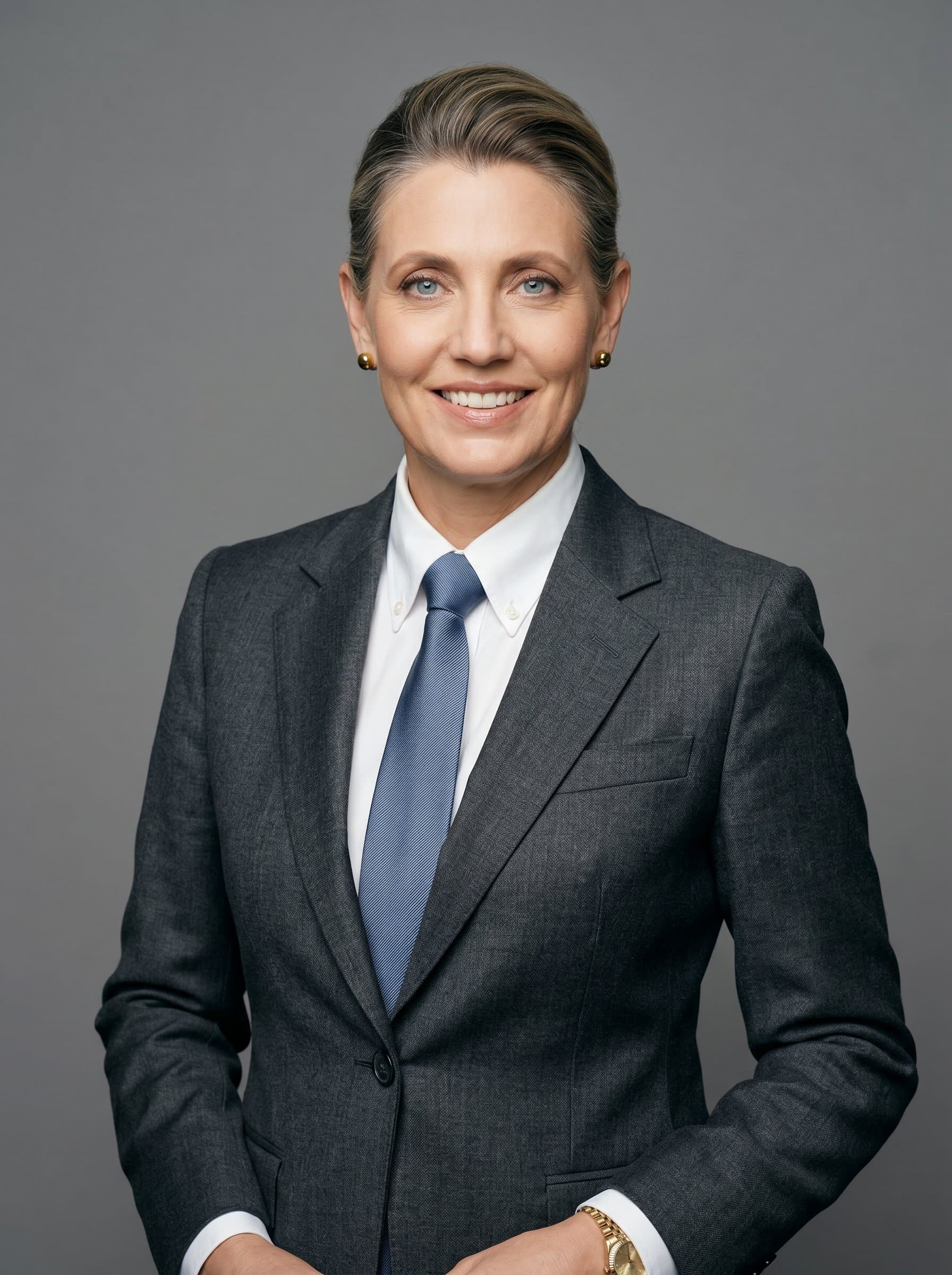 : A photorealistic headshot of a CPA wearing a tailored business suit, with a neutral gray background, exuding professionalism and reliability, with a focus on a confident and approachable expression.