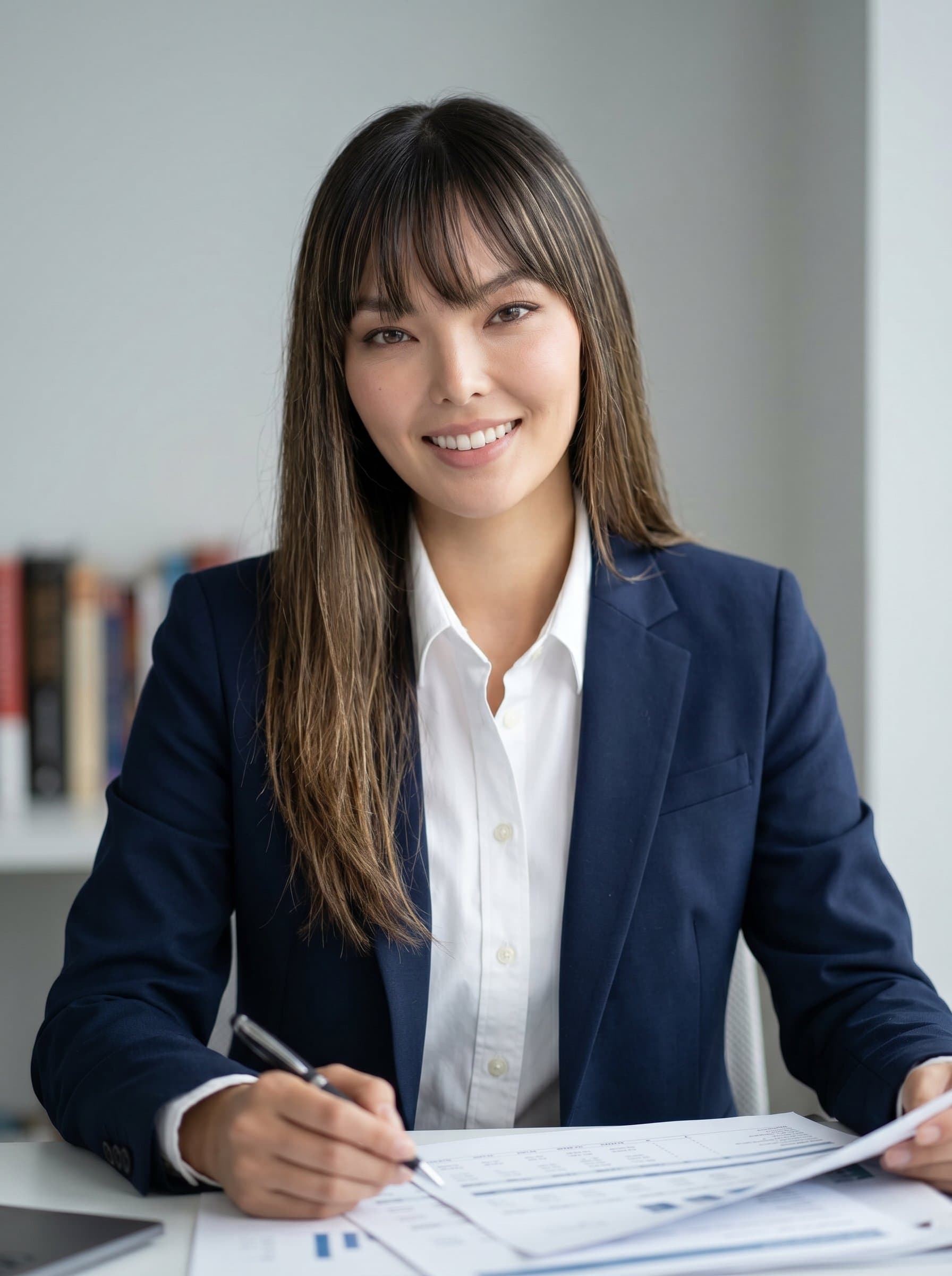 : A CPA headshot featuring a neutral background, emphasizing attention to detail and precision. The woman wears a crisp white shirt and a navy blazer, projecting an image of competence and integrity.